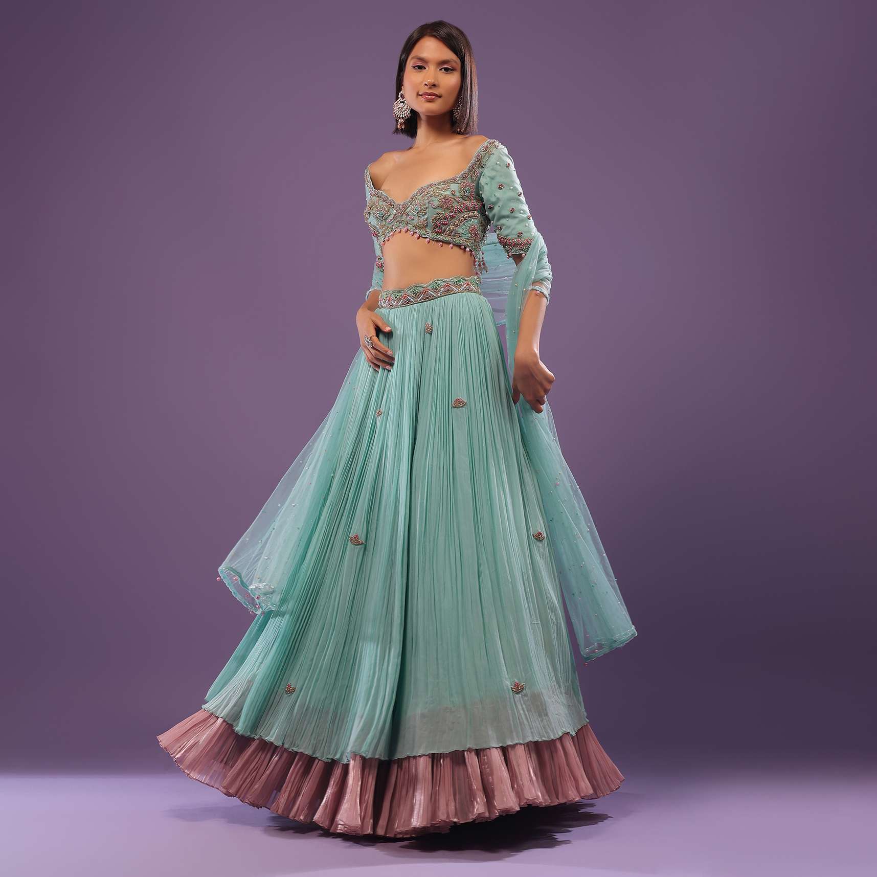 Sky Blue Embroidered Lehenga In Georgette - Image 3