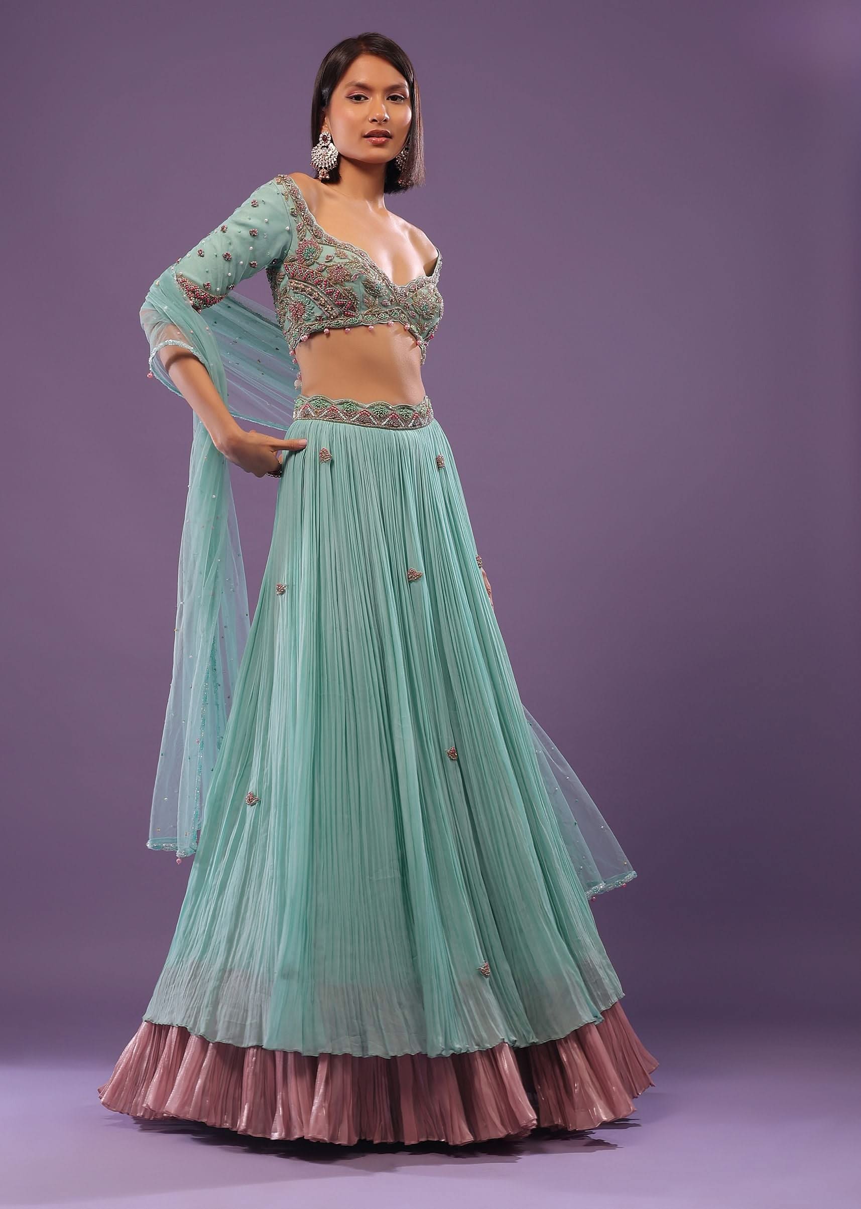 Sky Blue Embroidered Lehenga In Georgette - Image 4