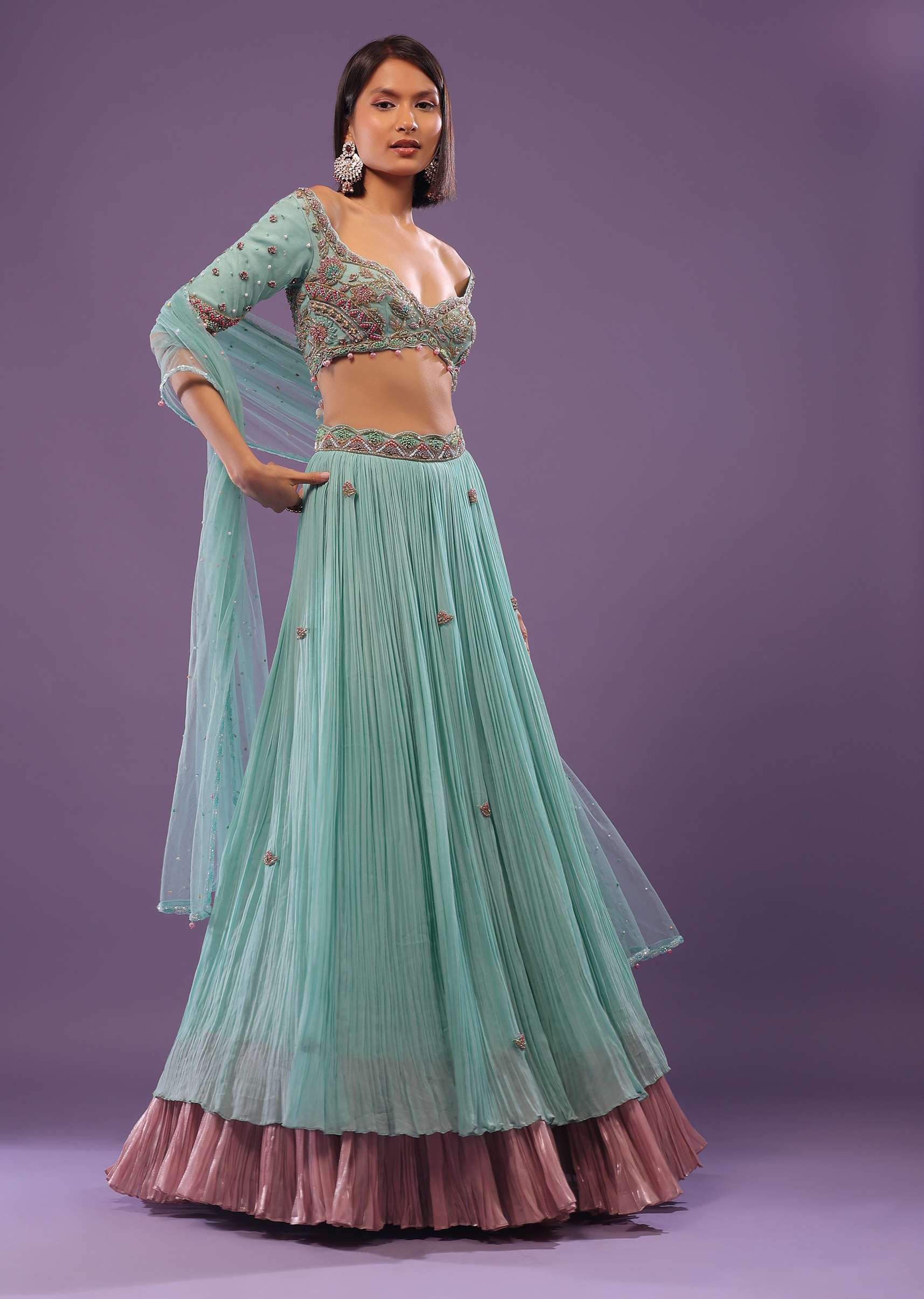Sky Blue Embroidered Lehenga In Georgette - Image 5