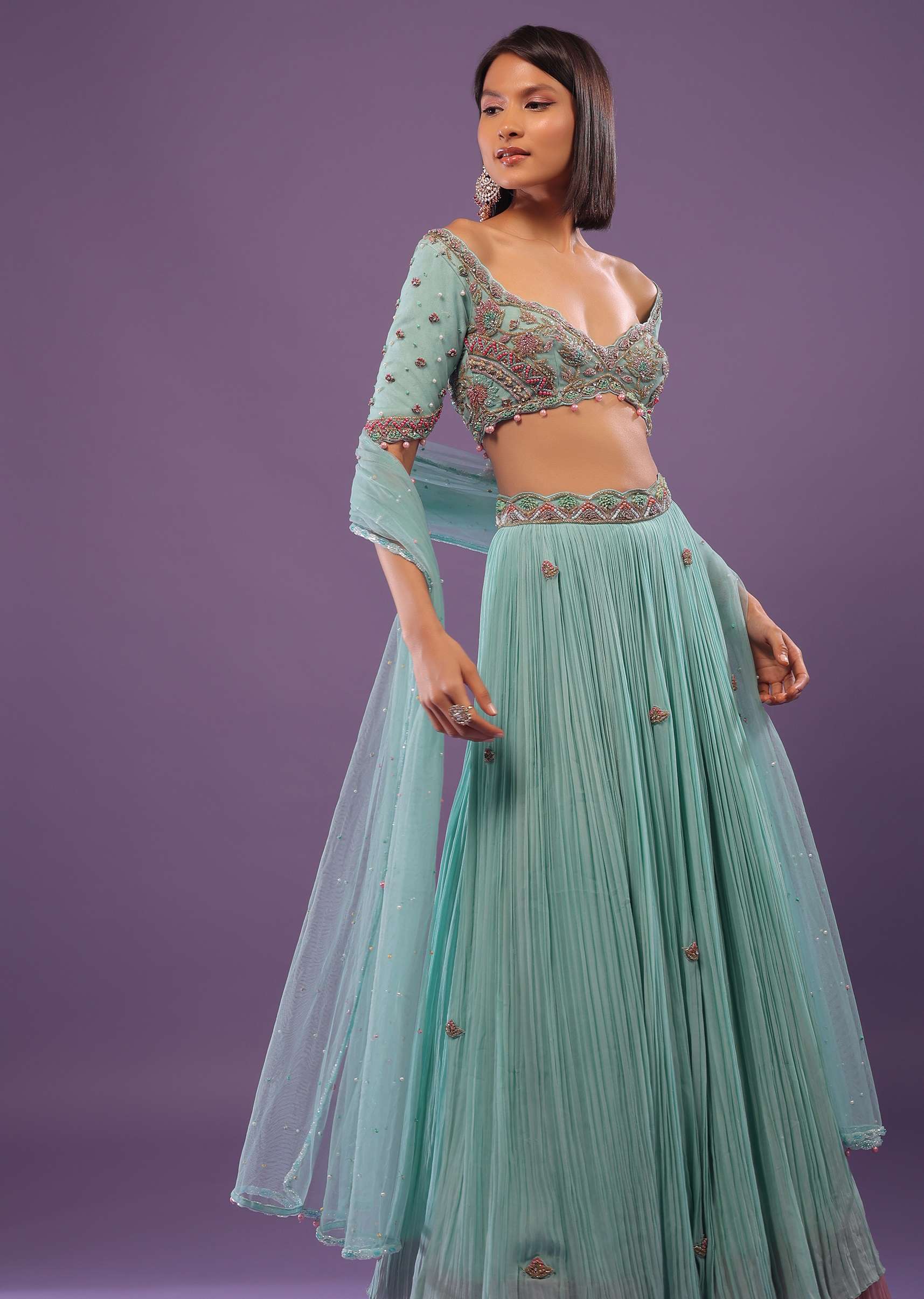 Sky Blue Embroidered Lehenga In Georgette - Image 6