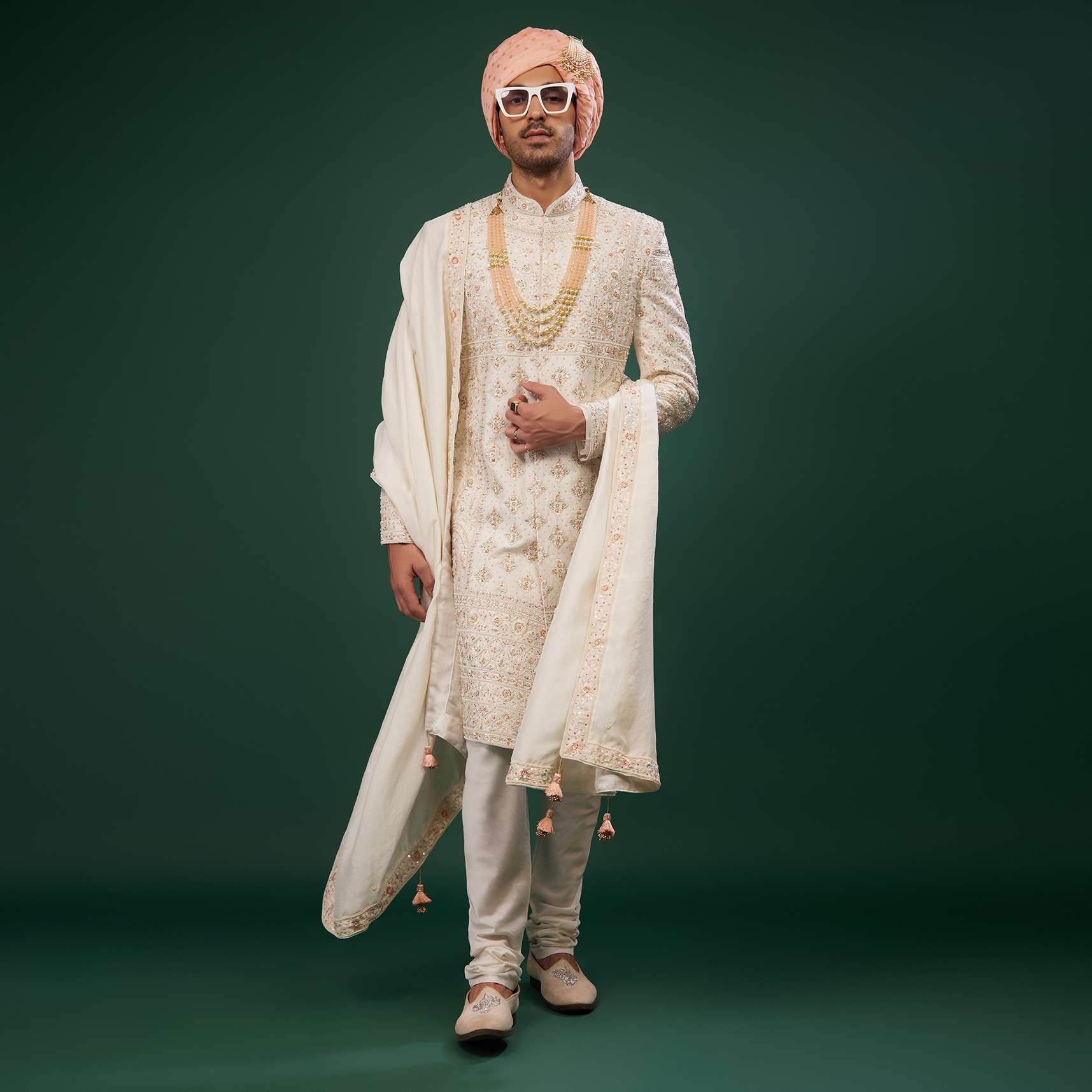 Ivory White Embroidered Sherwani Set In Raw Silk - Image 2