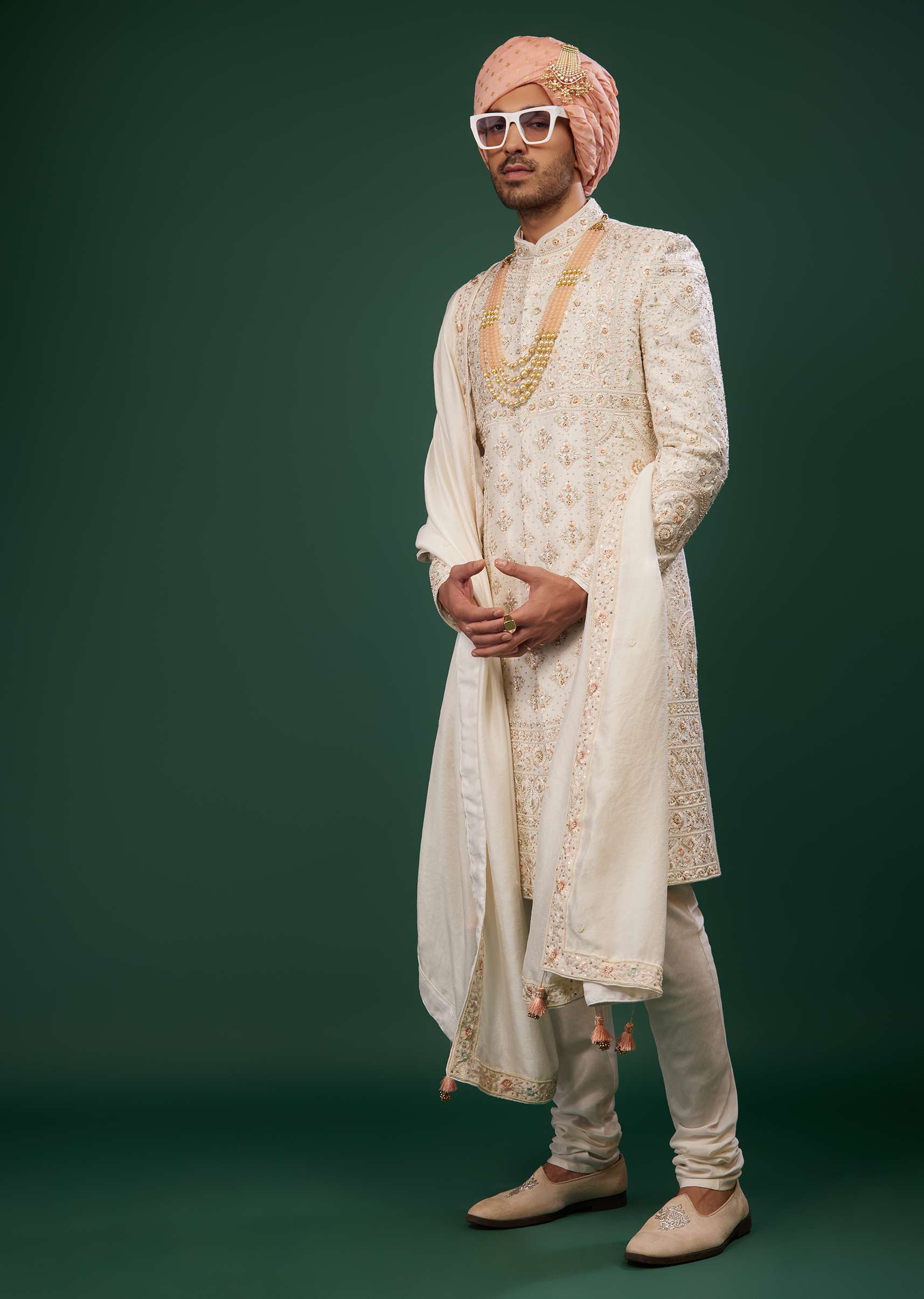 Ivory White Embroidered Sherwani Set In Raw Silk - Image 3