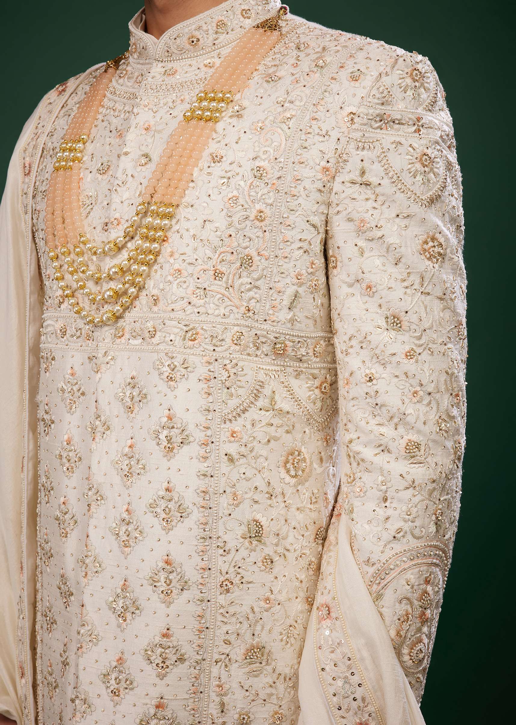 Ivory White Embroidered Sherwani Set In Raw Silk - Image 5