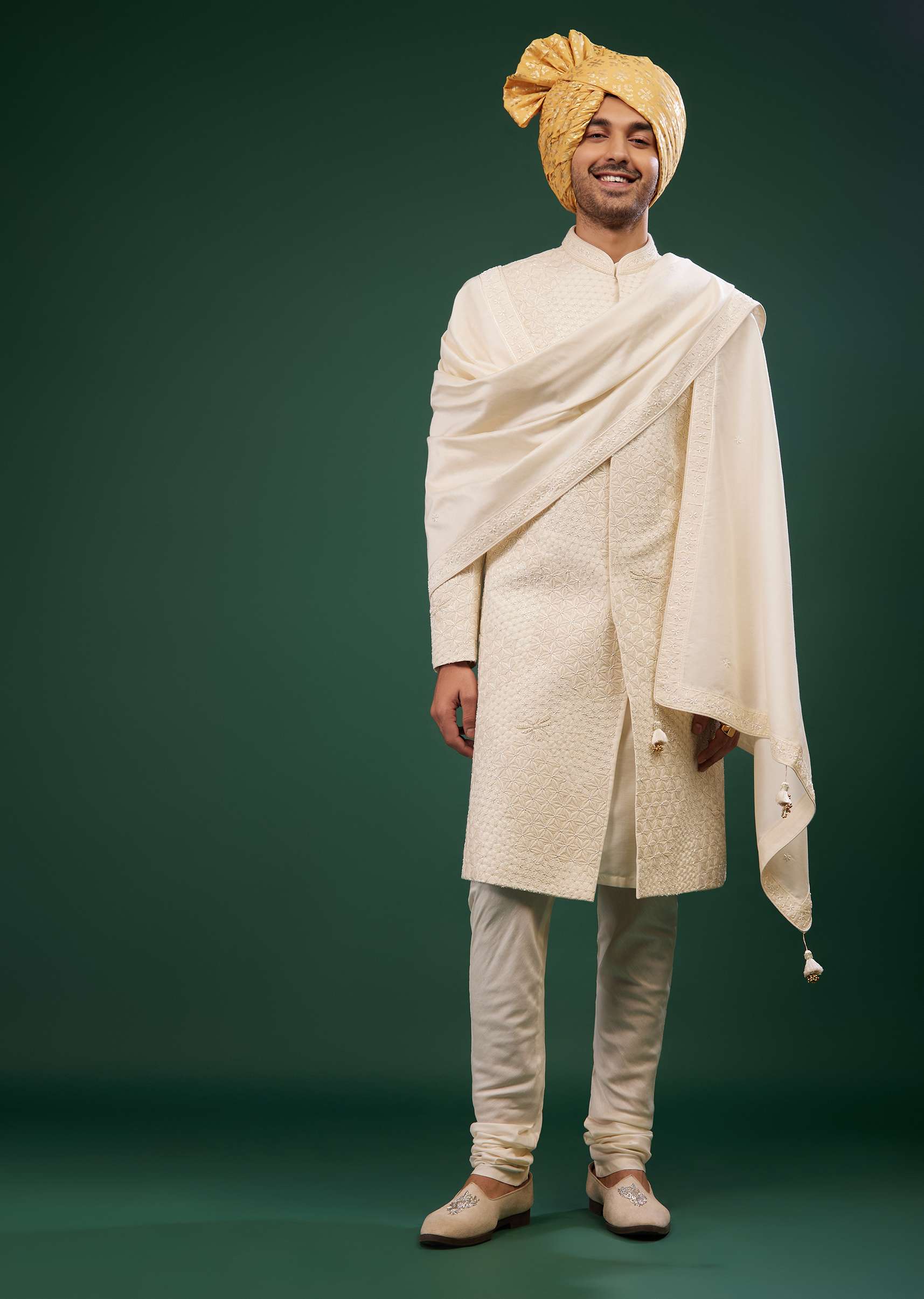Pearl White Sherwani Set Embroidered In Raw Silk - Image 3