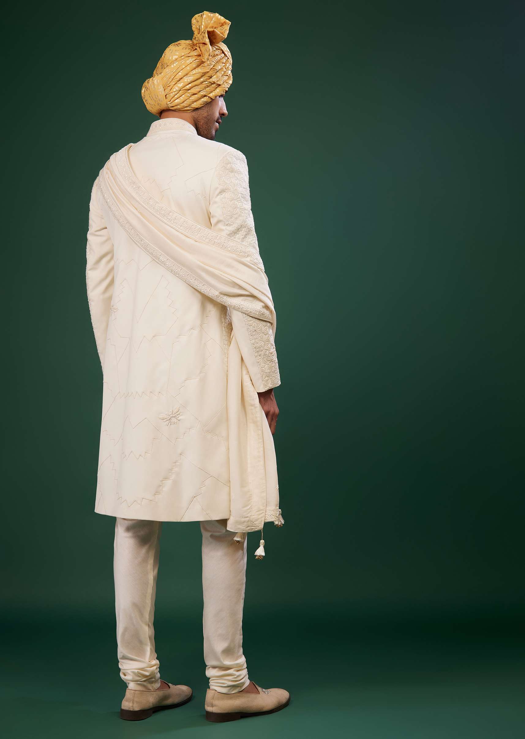 Pearl White Sherwani Set Embroidered In Raw Silk - Image 5