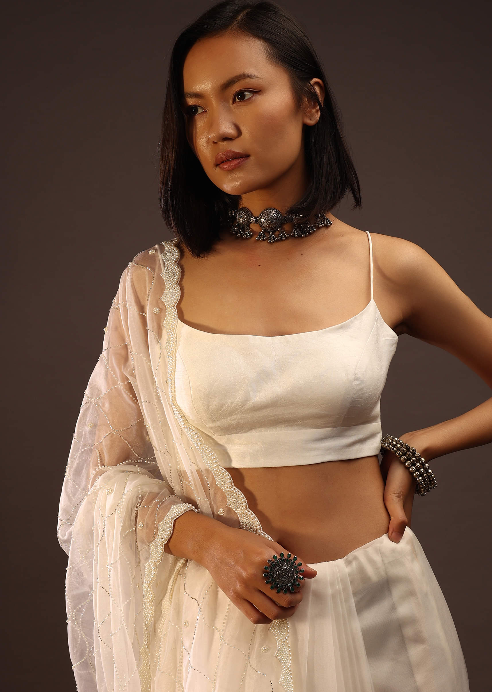 Egret White Spaghetti Strap Blouse In Straight Across Neckline - Image 5