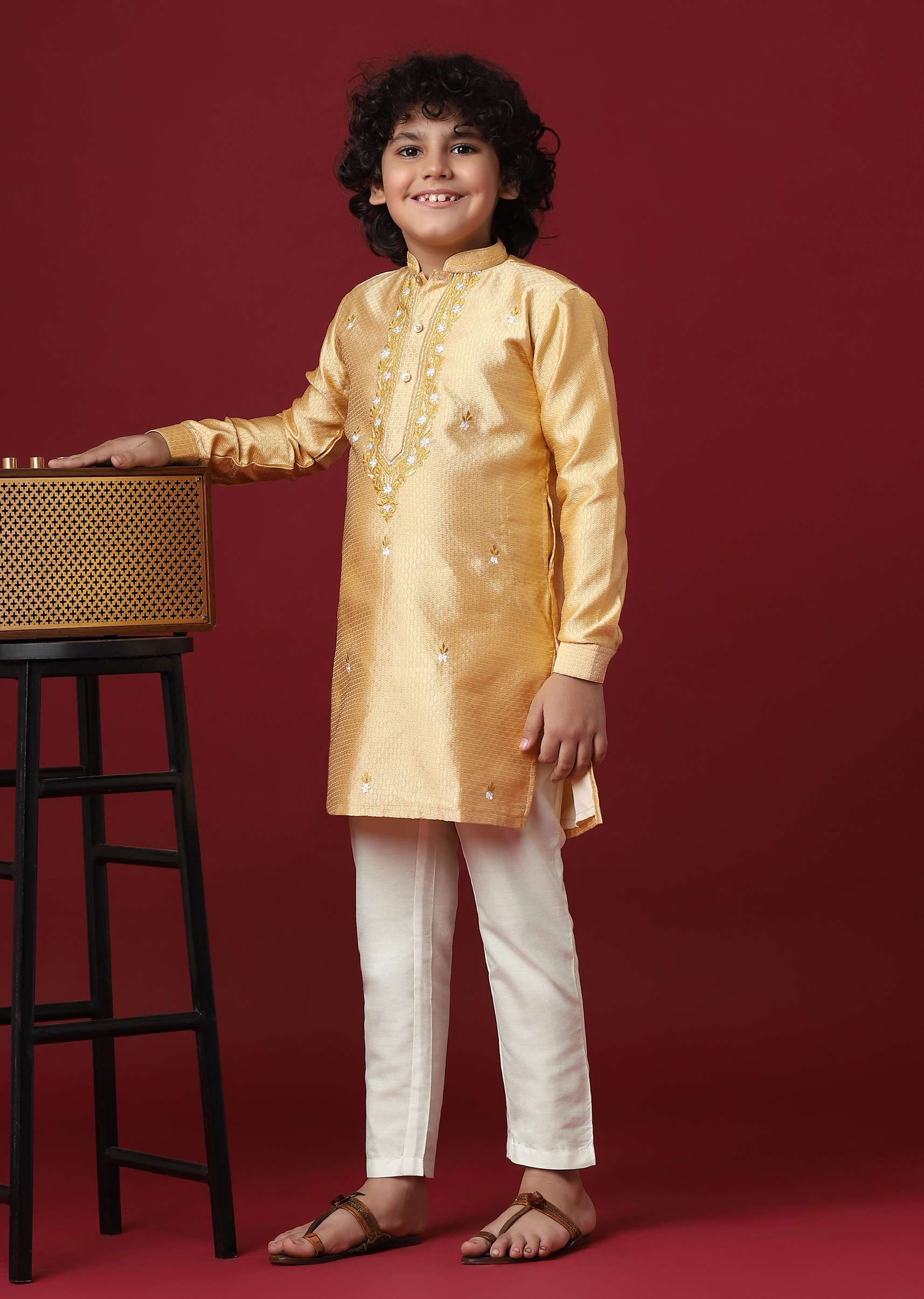 Elegant Beige Silk Kurta Set For Boys - Image 2