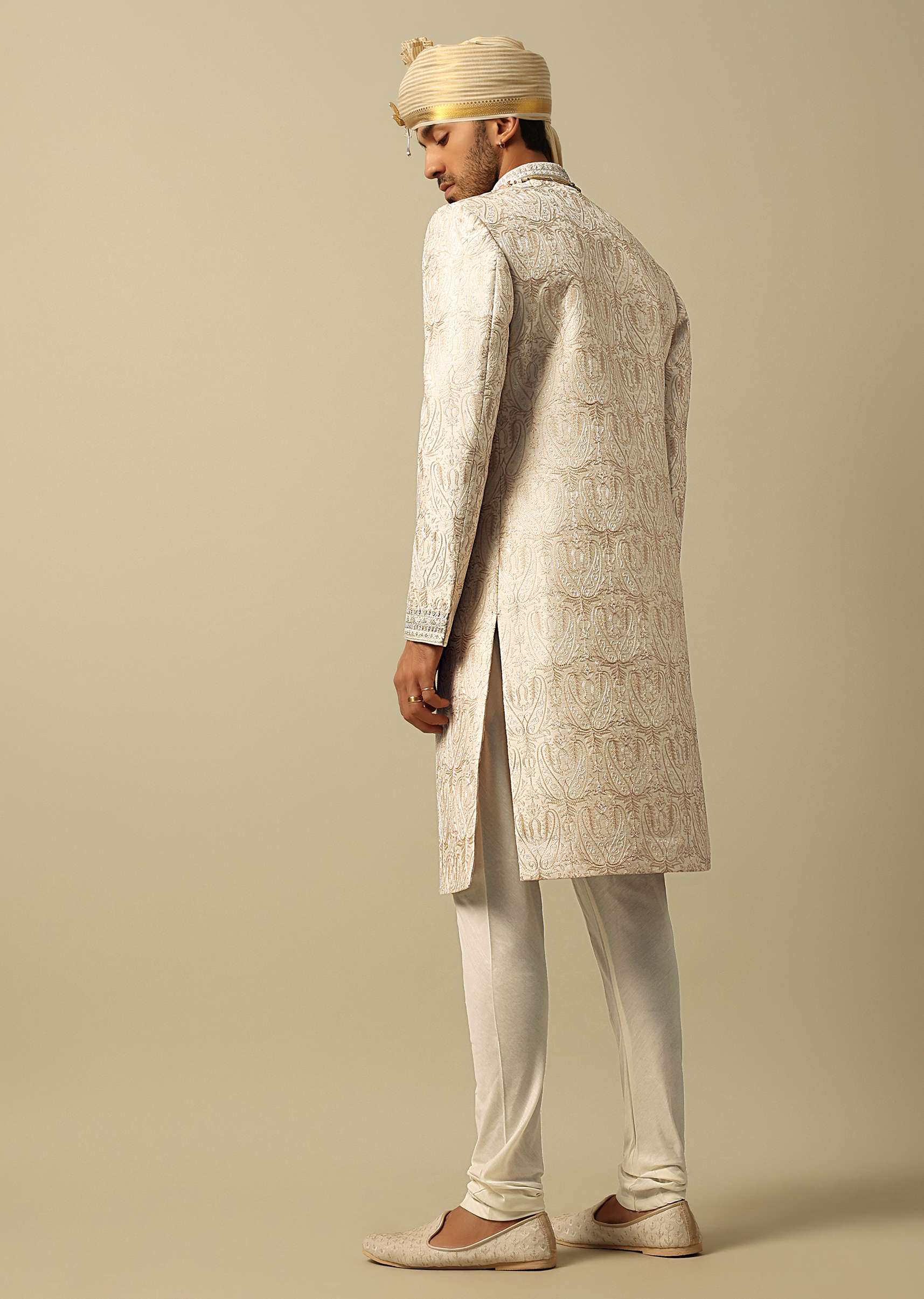 Elegant Beige Silk Sherwani Set - Image 6
