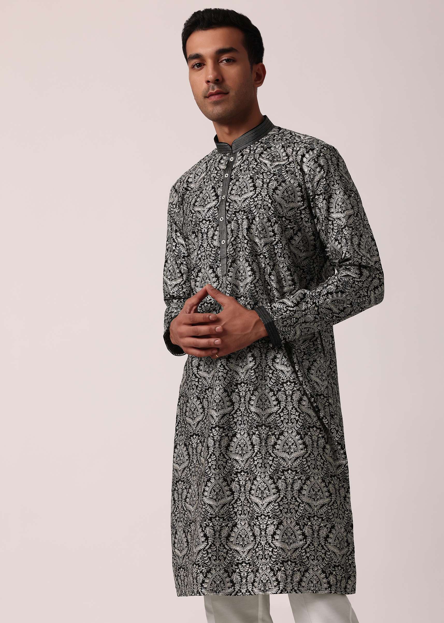 Elegant Black Silk Kurta Set For Men - Image 4