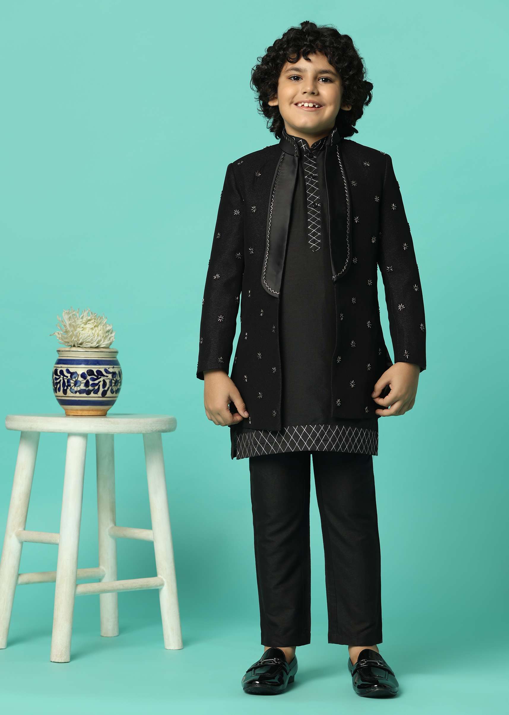 Elegant Black Silk Sherwani Set For Boys - Image 3