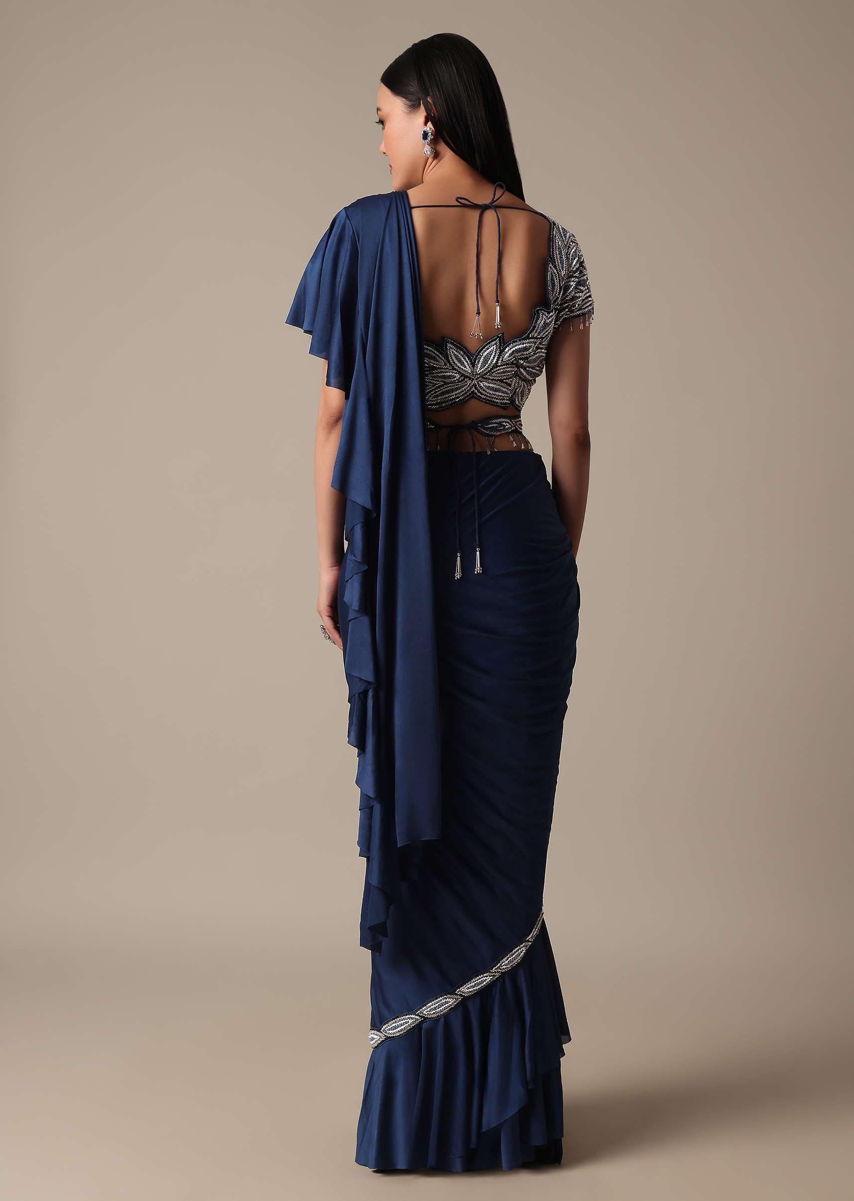 Elegant Blue Frill Saree With Embellished Ready Blouse - Image 7