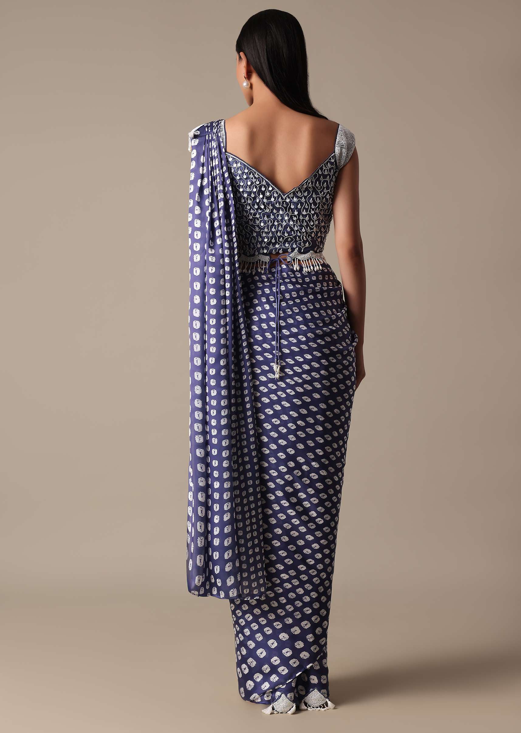 Elegant Blue Ready Pleated Saree With Stitched Blouse - Image 5