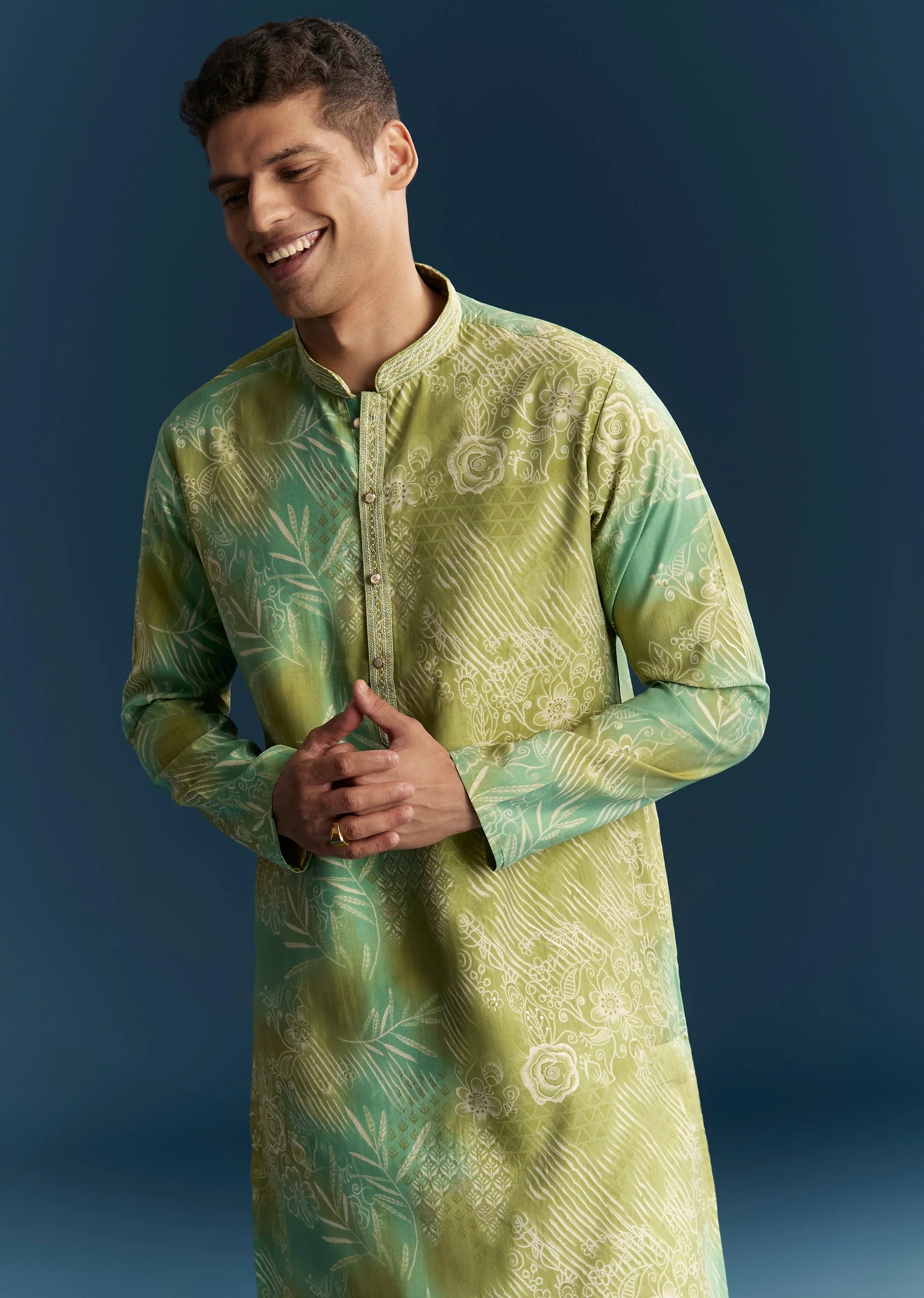 Elegant Green Silk Couple Set – Ombre Green Silk Coord Set For Her And Green Silk Printed Kurta Set For Him - Image 11