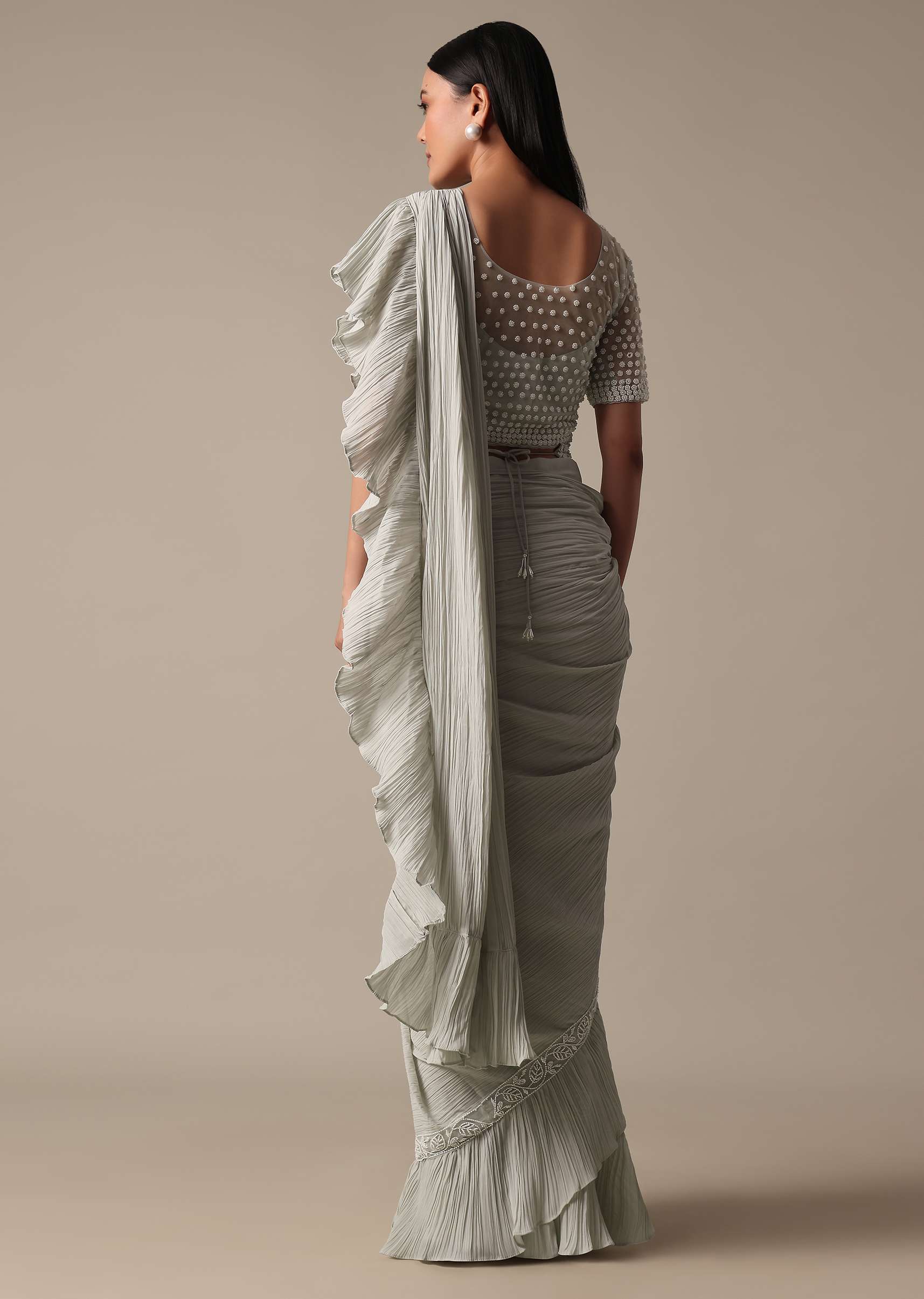 Elegant Grey Ready Pleated Saree With Stitched Blouse - Image 5