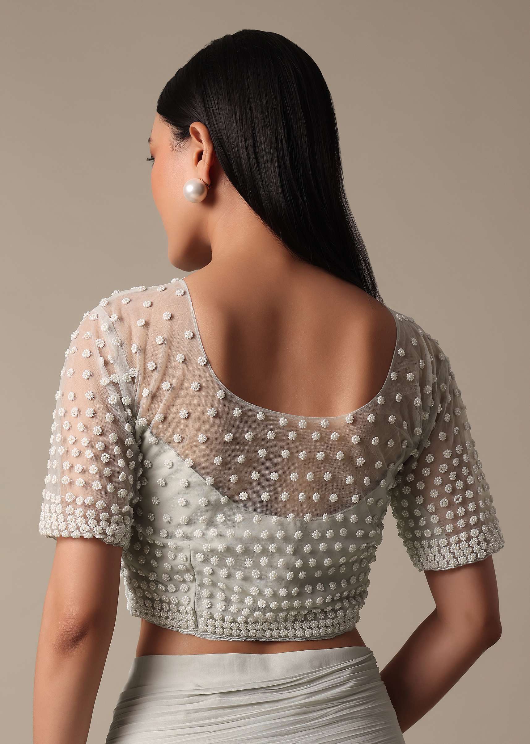 Elegant Grey Ready Pleated Saree With Stitched Blouse - Image 7