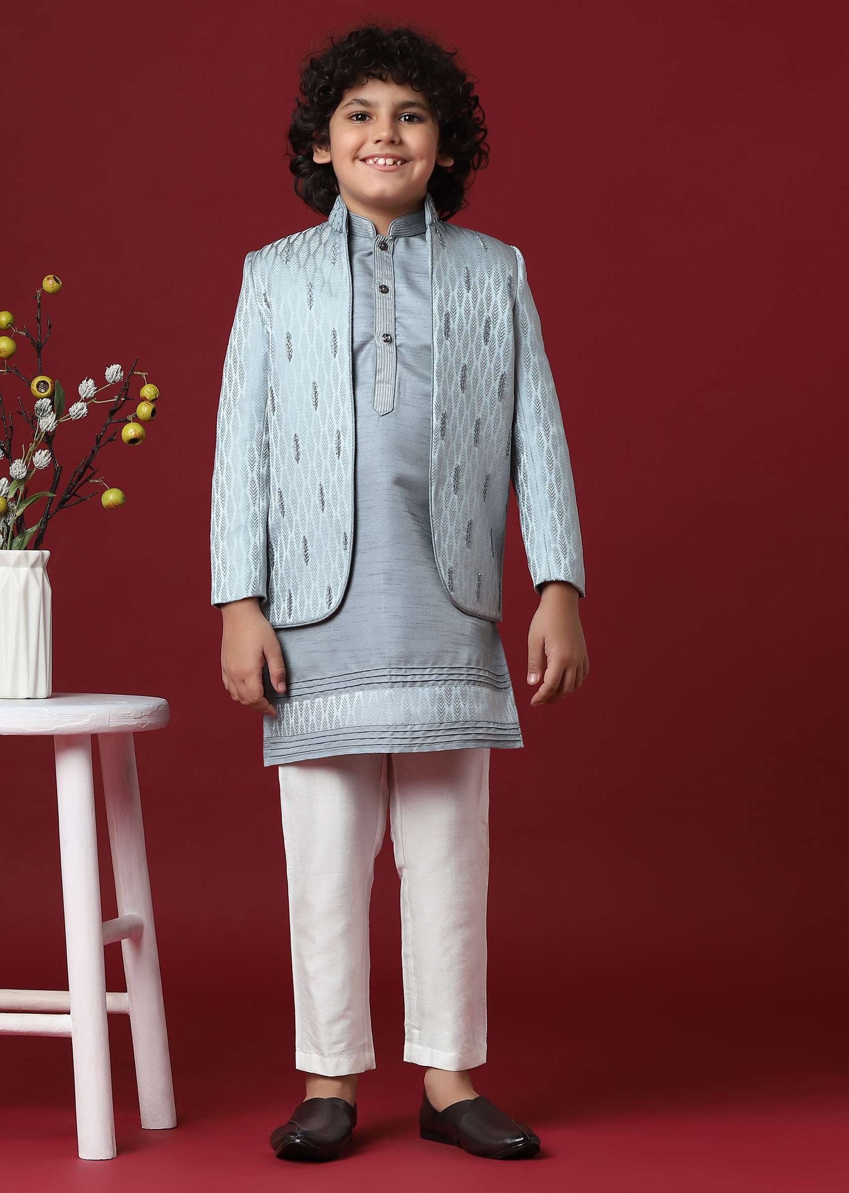 Elegant Grey Silk Sherwani Set for Boys - Image 3