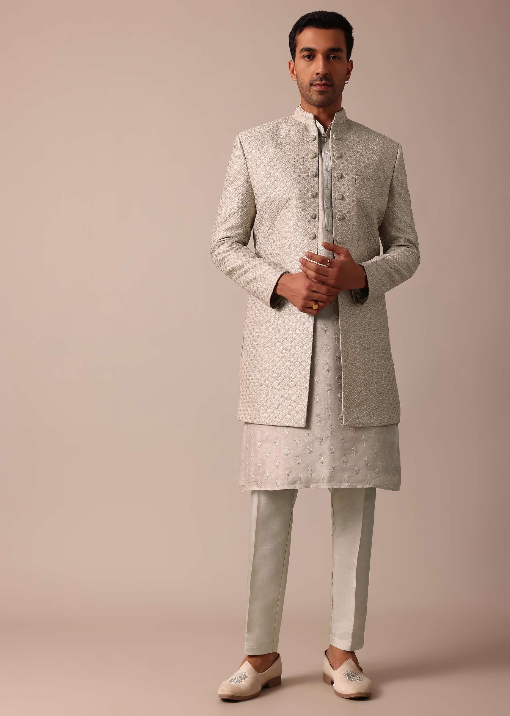 Elegant Beige Silk Sherwani Set With Intricate Embroidery - Image 2