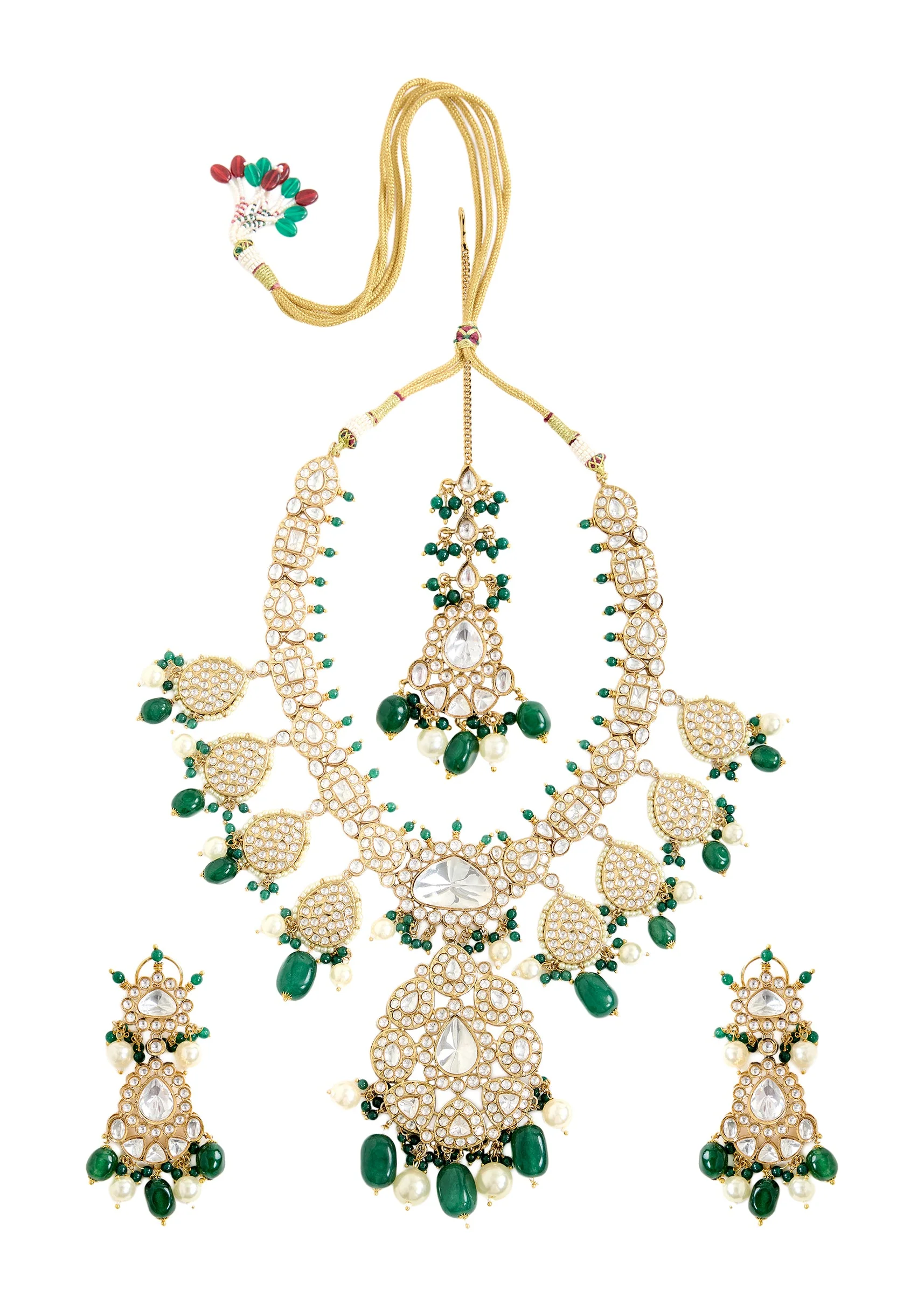 Elegant Kundan And Green Bead Bridal Necklace Set - Image 2