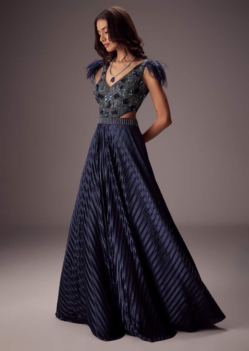 Elegant Navy Crepe Gown With Embroidered Yoke And Sweeping Ghera - Image 4
