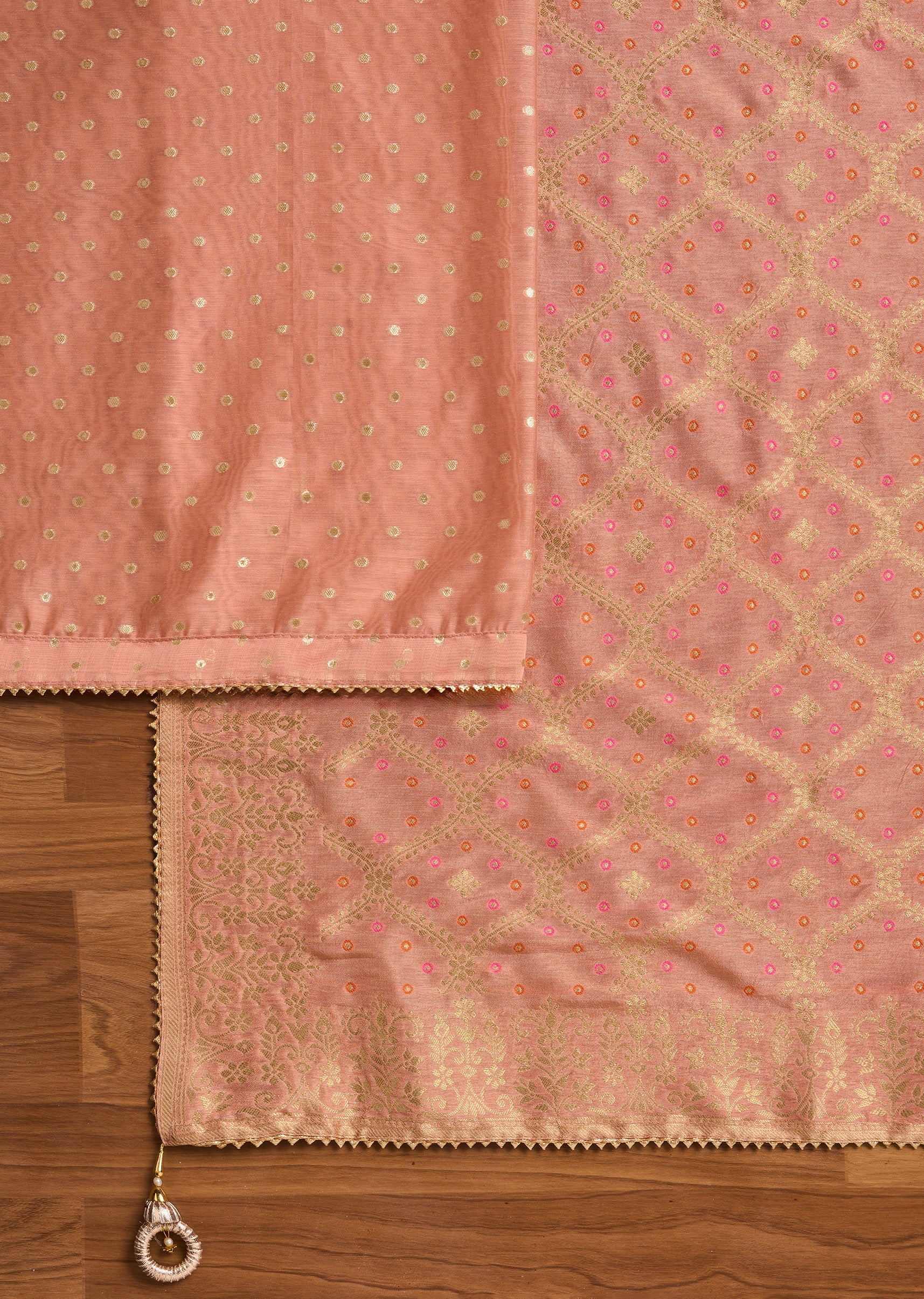 Elegant Peach Chanderi Suit Unstitched with Dupatta - Image 3