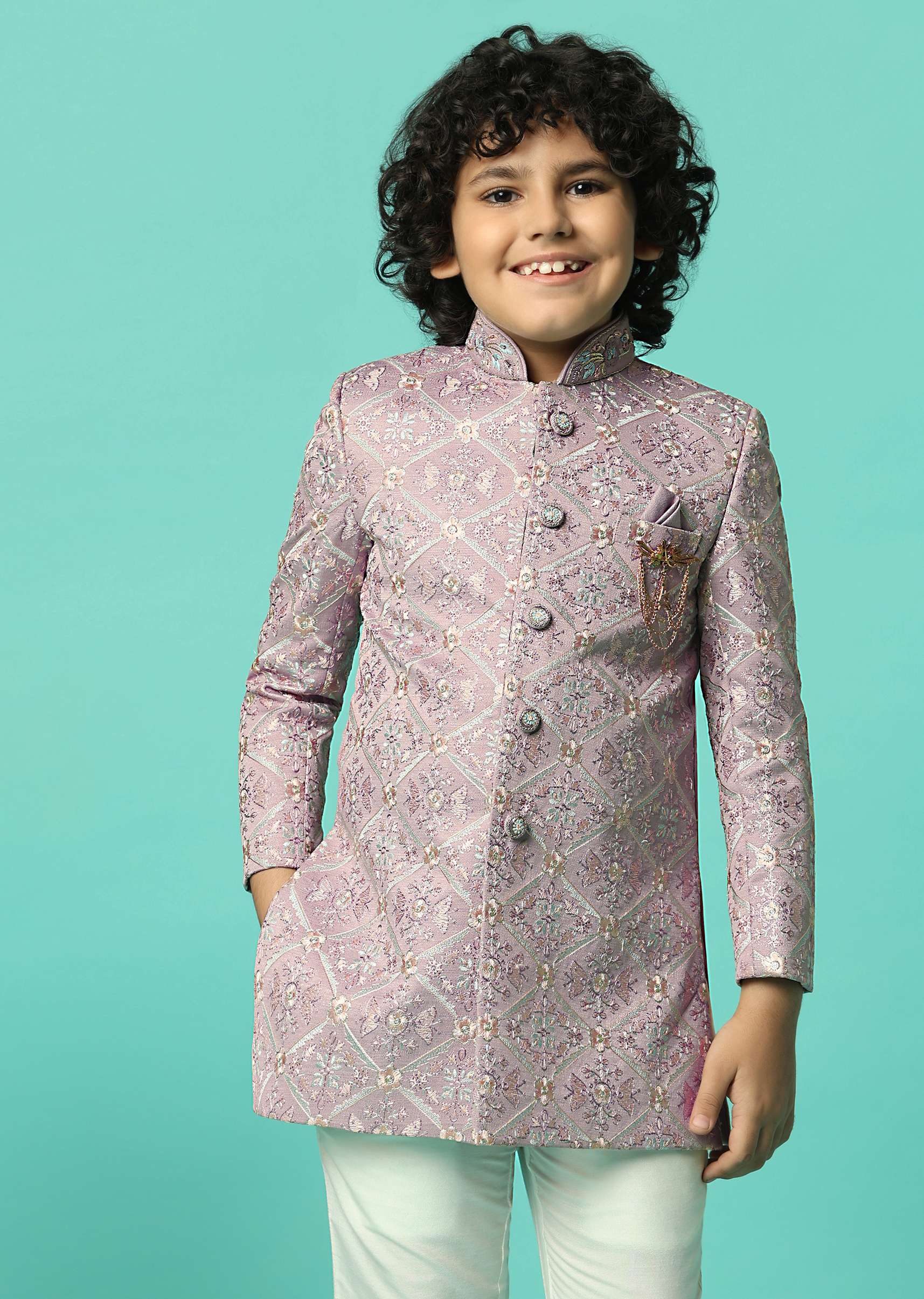 Elegant Peach Sherwani Set For Boys - Image 3