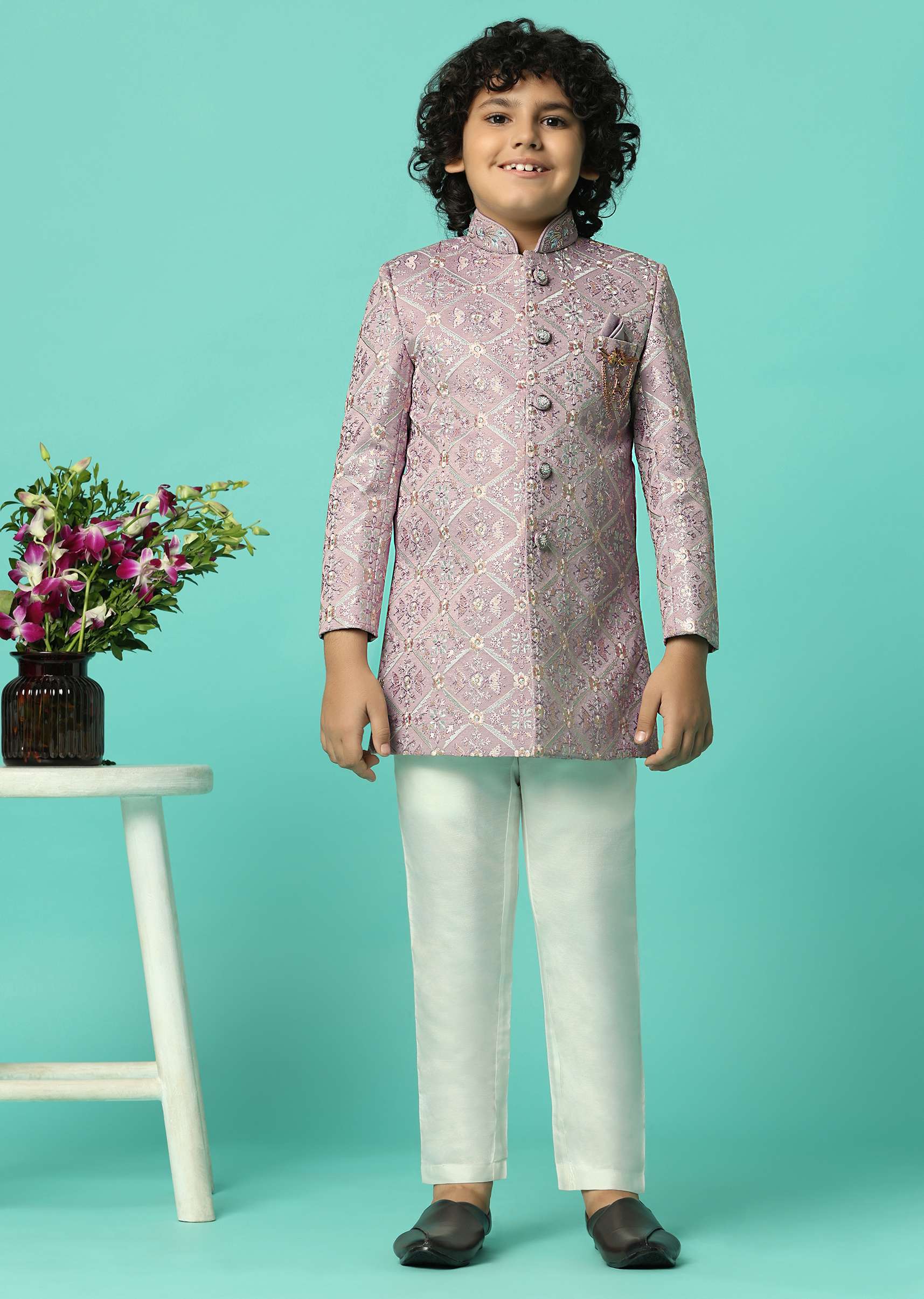Elegant Peach Sherwani Set For Boys - Image 4