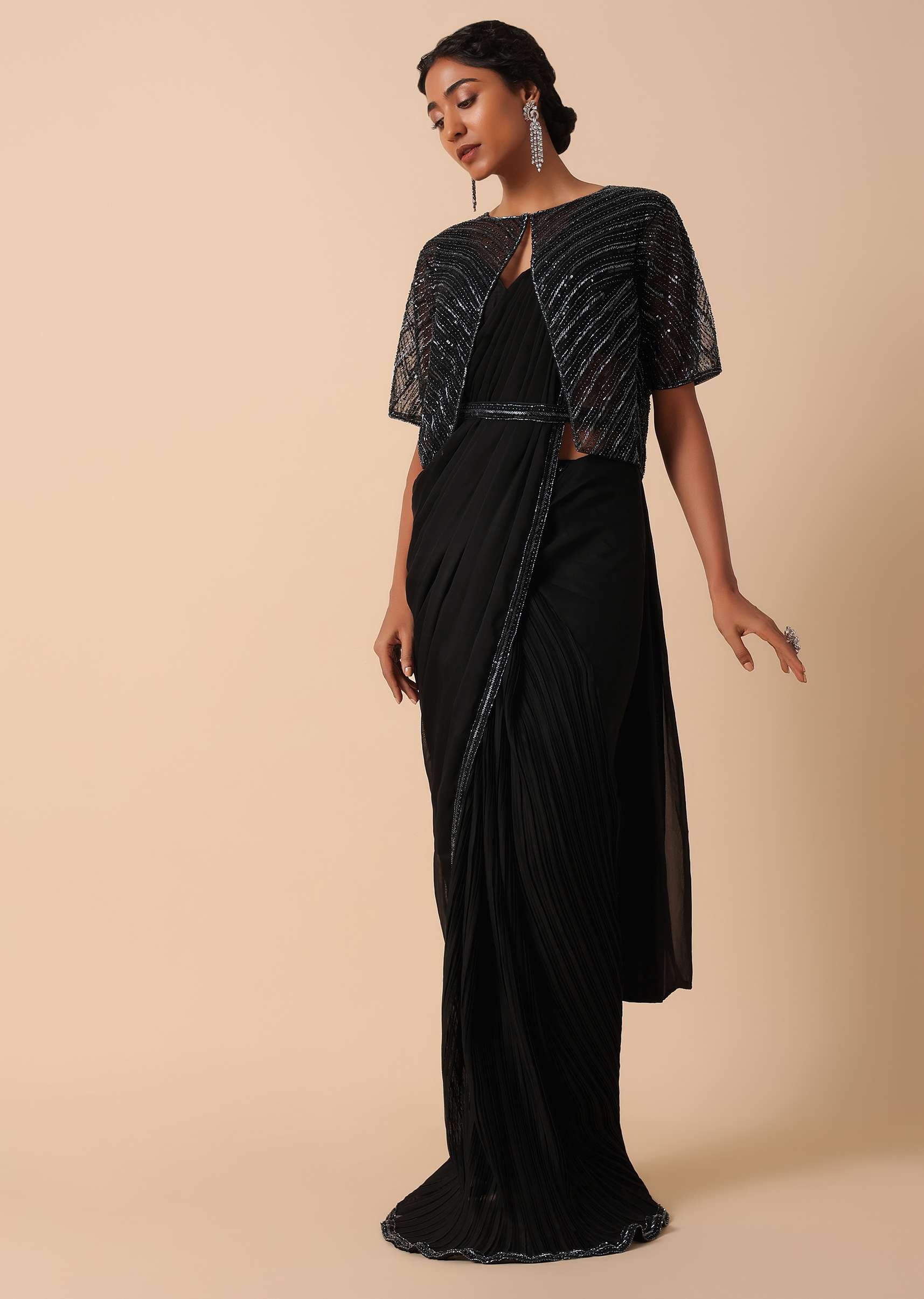 Elegant Pre Stitched Black Georgette Saree Set - Image 3