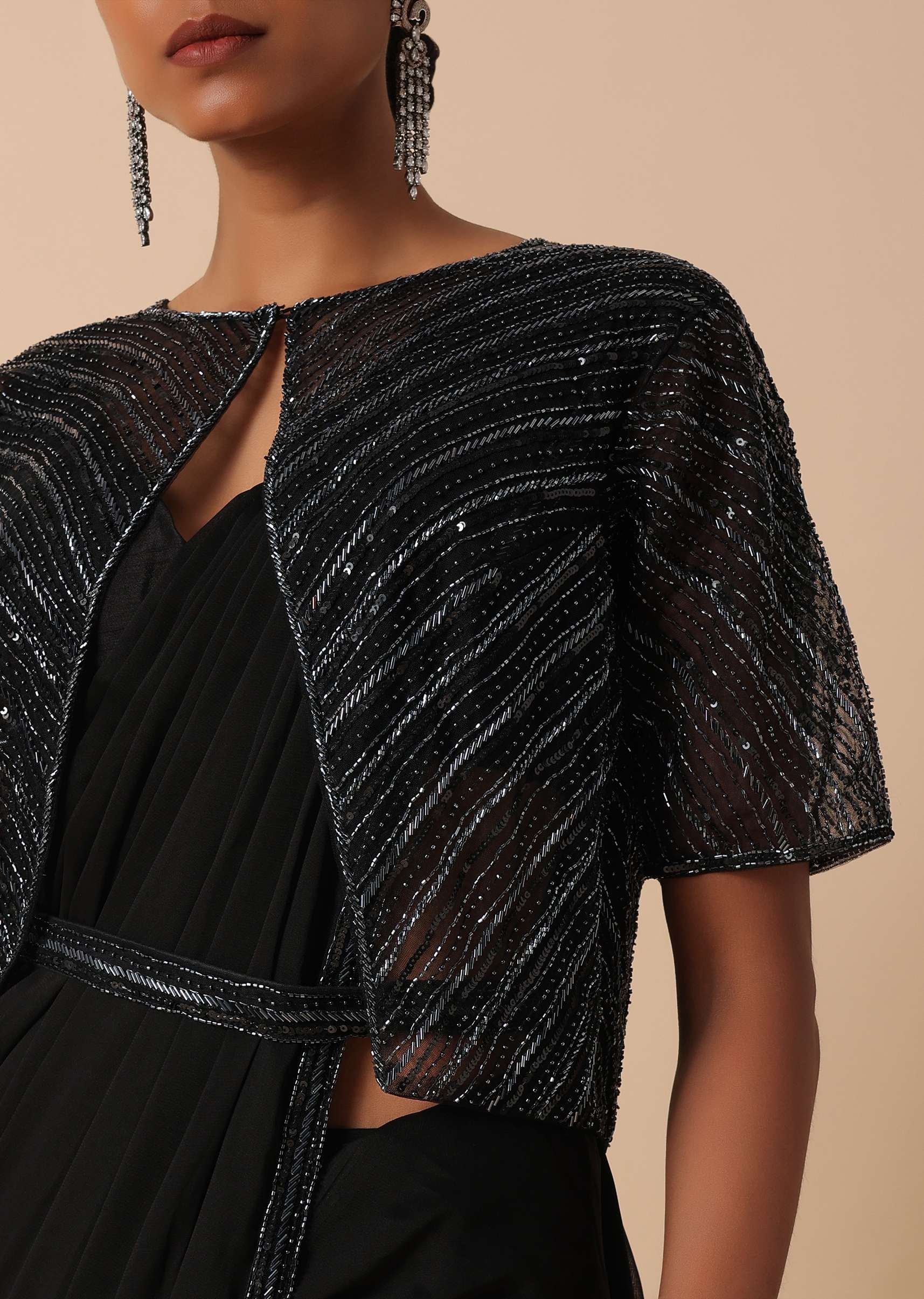 Elegant Pre Stitched Black Georgette Saree Set - Image 4