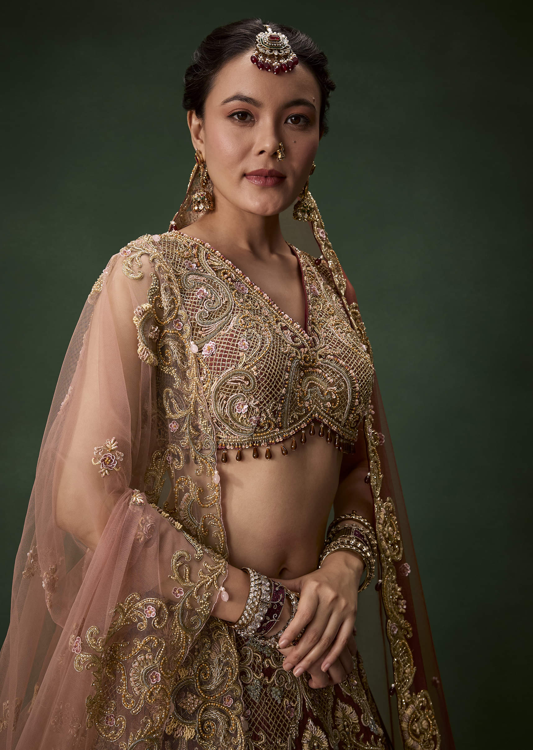 Embellished Bridal Lehenga Set with Two Dupattas - Image 3