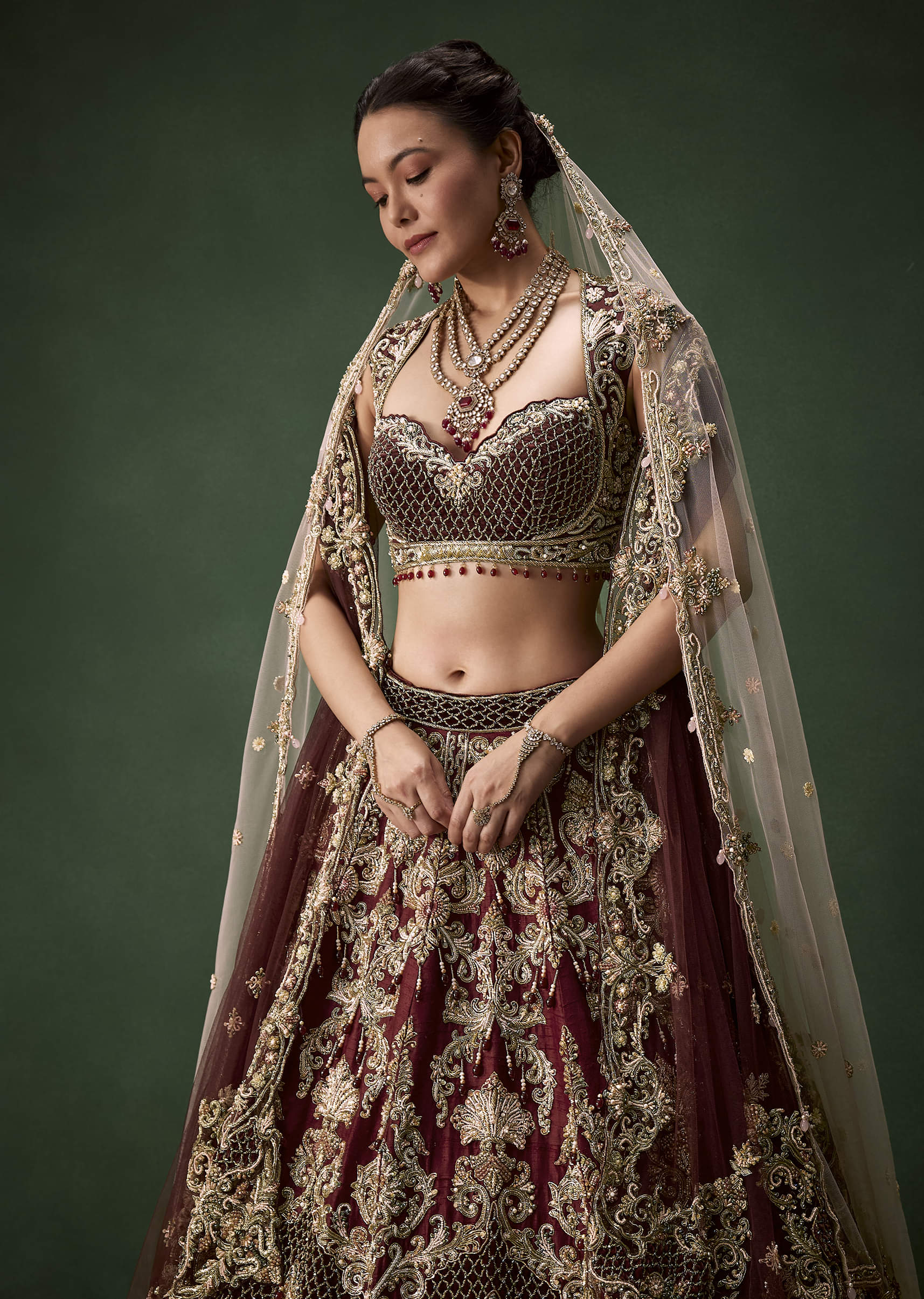 Embroidered Bridal Lehenga Set with Two Dupattas - Image 3