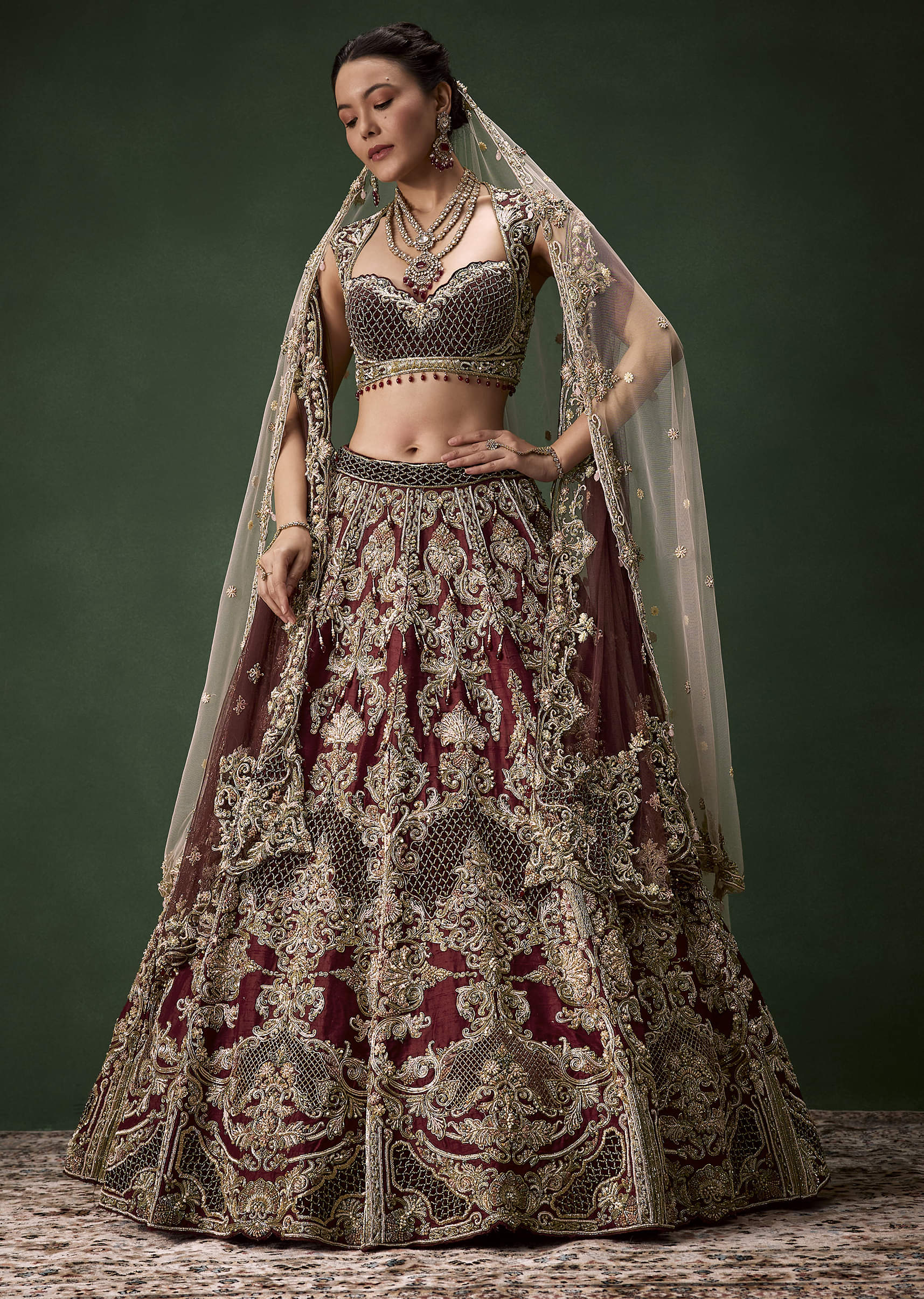 Embroidered Bridal Lehenga Set with Two Dupattas - Image 4