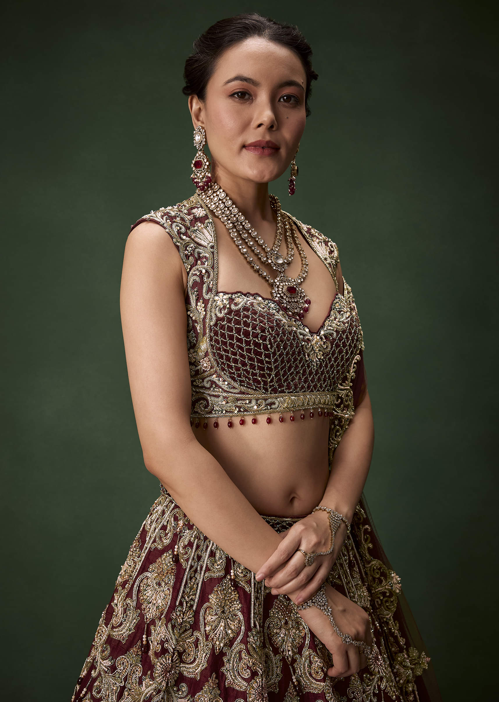 Embroidered Bridal Lehenga Set with Two Dupattas - Image 6