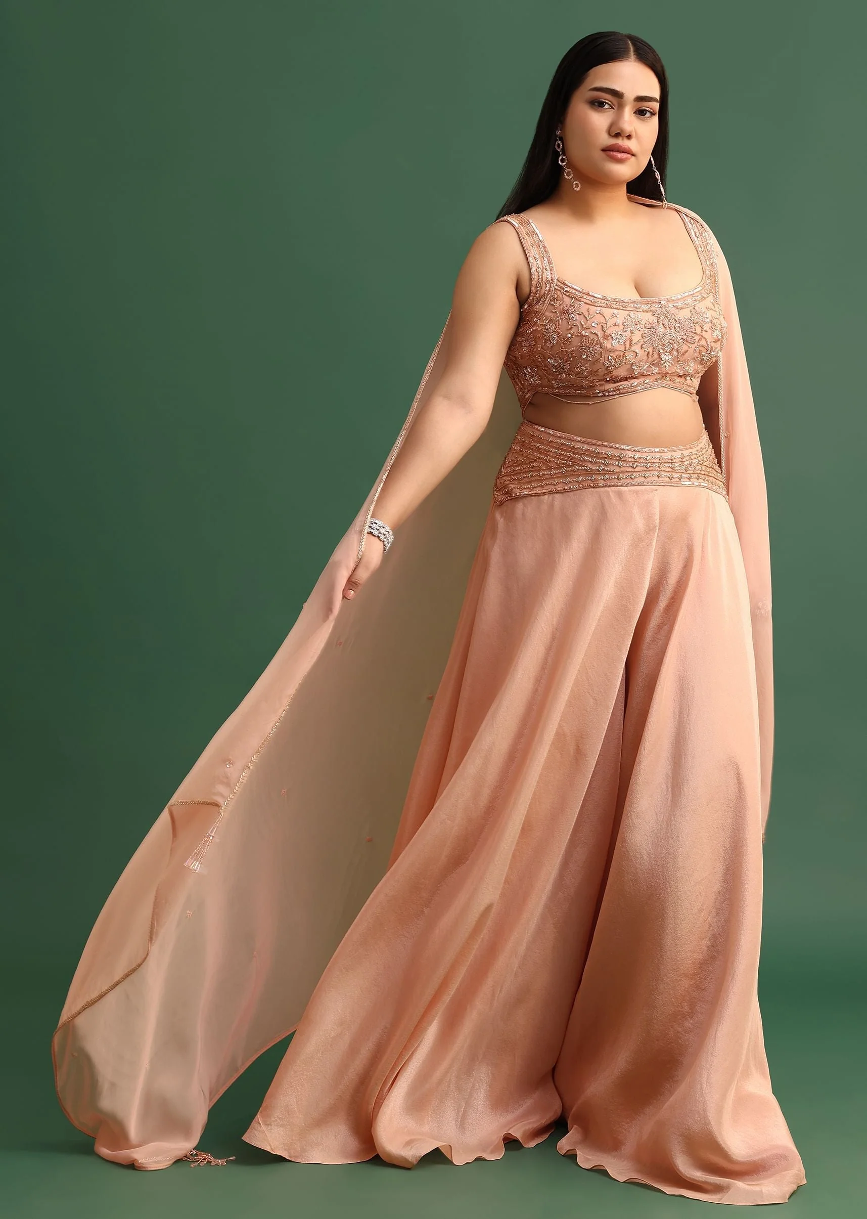 Embroidered Peach Fusion Suit With Dupatta And Flared Pants - Image 3