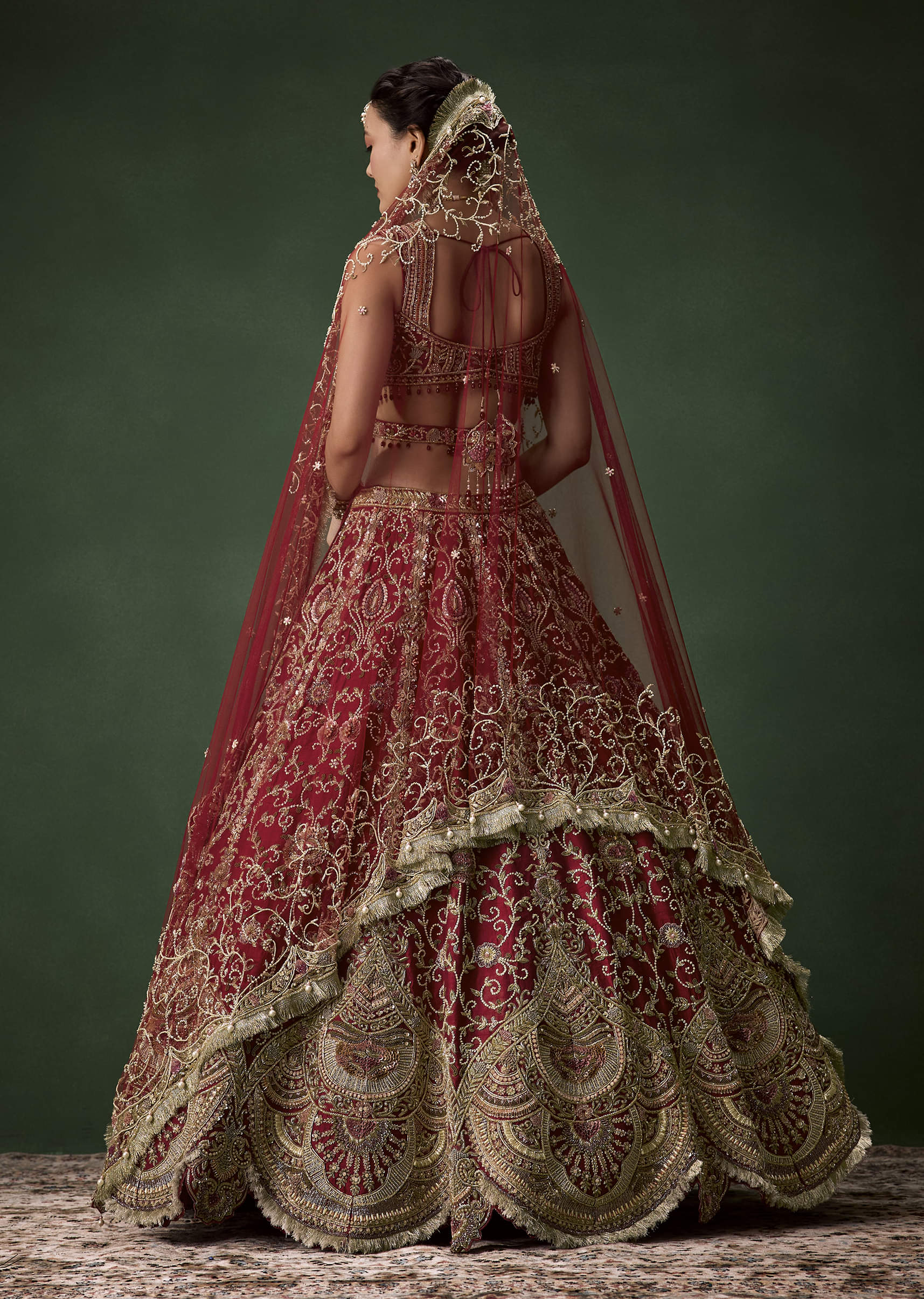 Embroidered Raw Silk Bridal Lehenga Set with Two Dupattas - Image 2