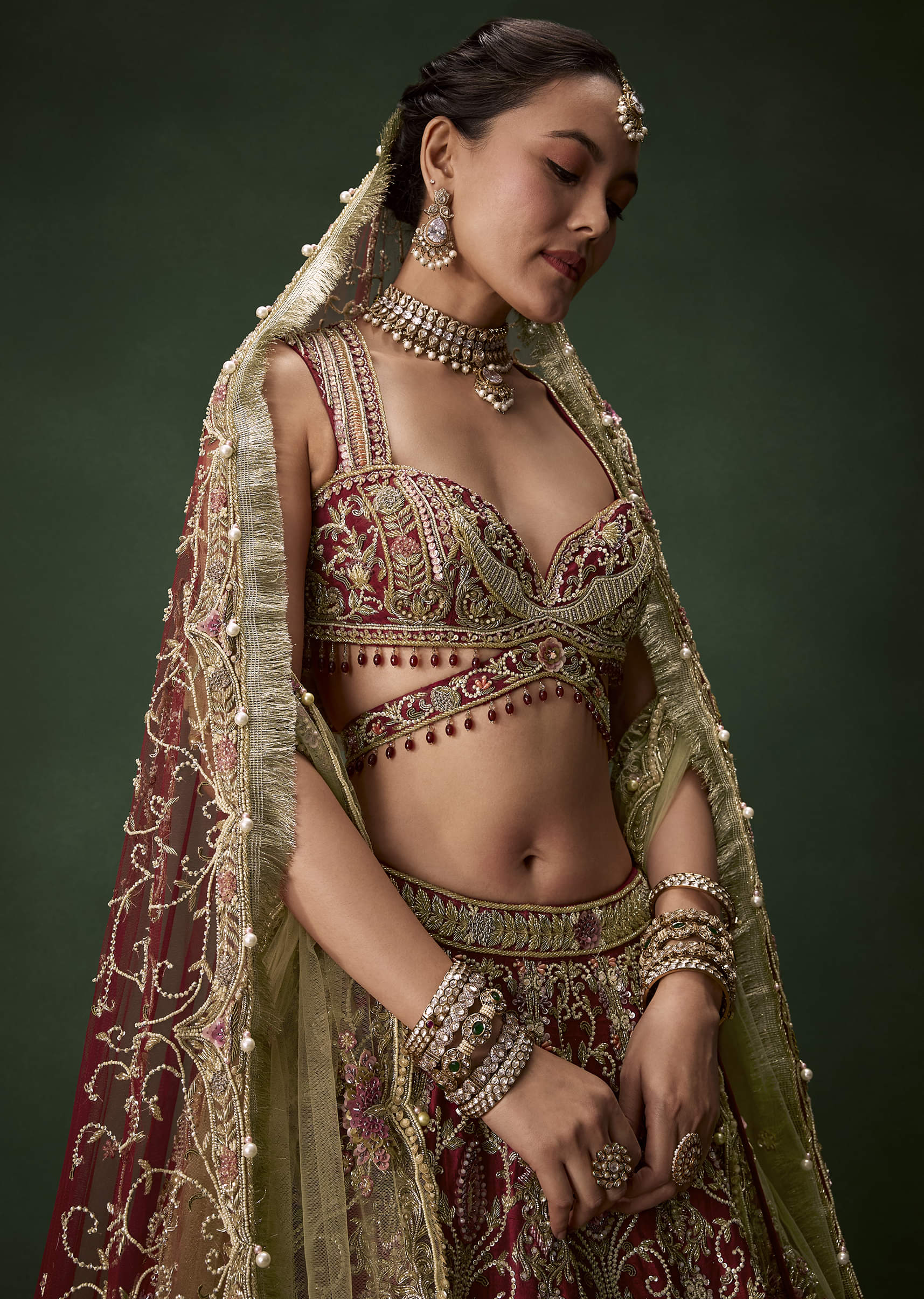 Embroidered Raw Silk Bridal Lehenga Set with Two Dupattas - Image 3