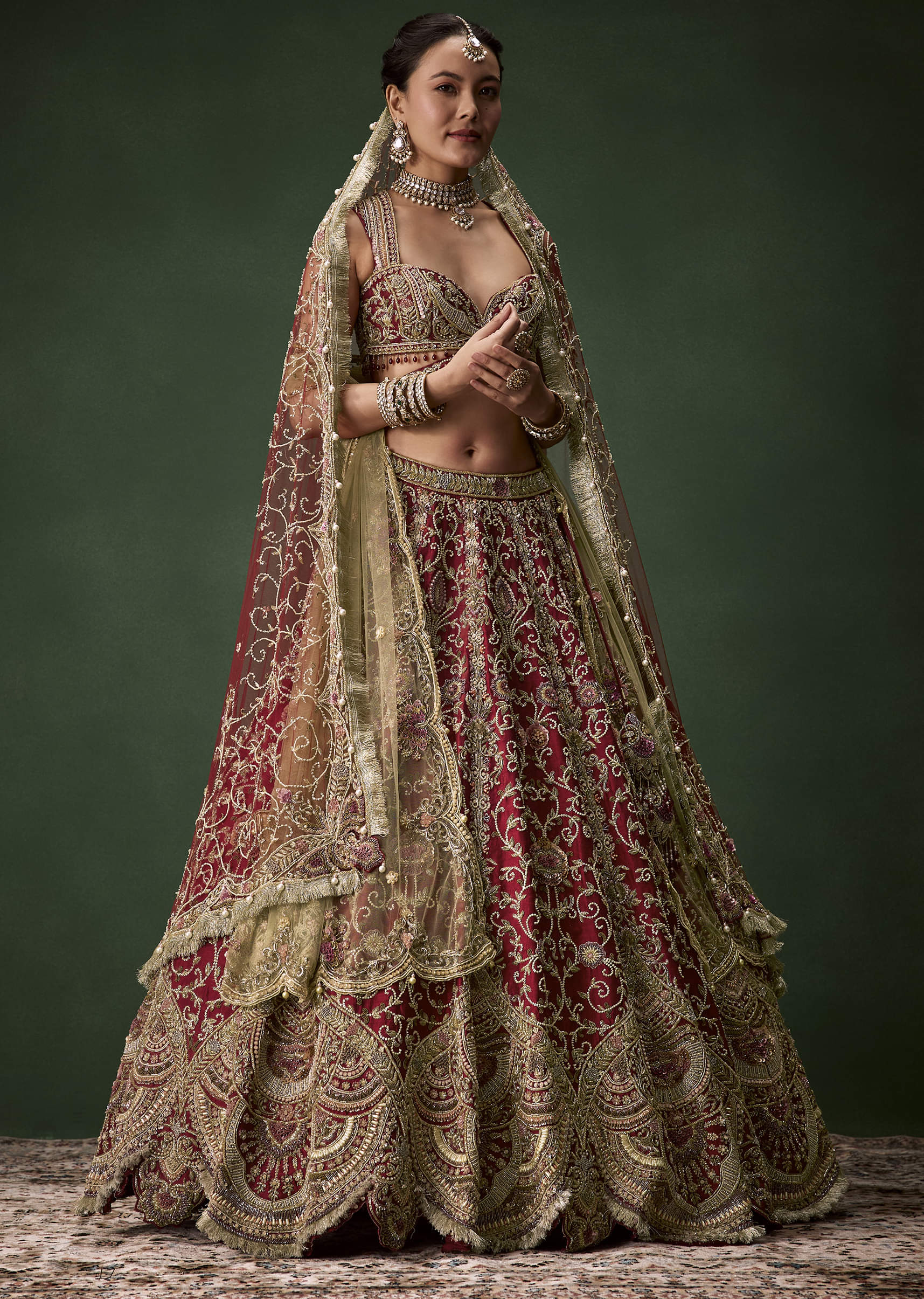 Embroidered Raw Silk Bridal Lehenga Set with Two Dupattas - Image 4