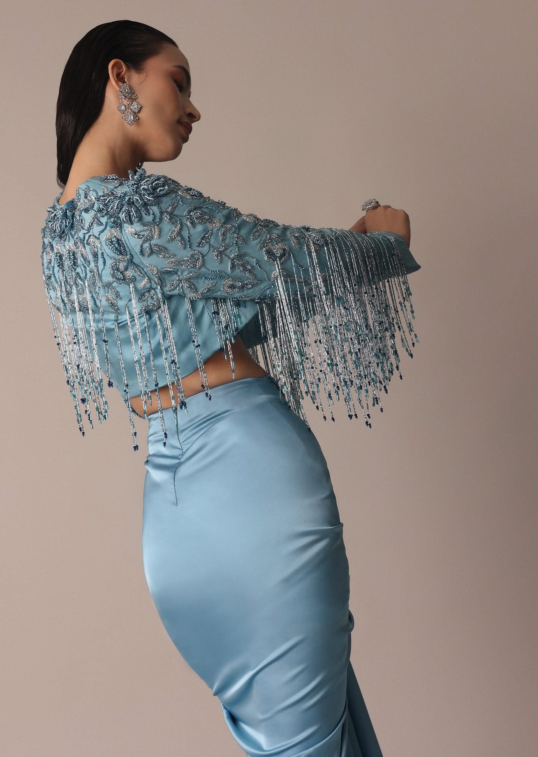Blue Fish Cut Gathered Zardosi Draped Skirt And Tassel Jacket Set - Image 2