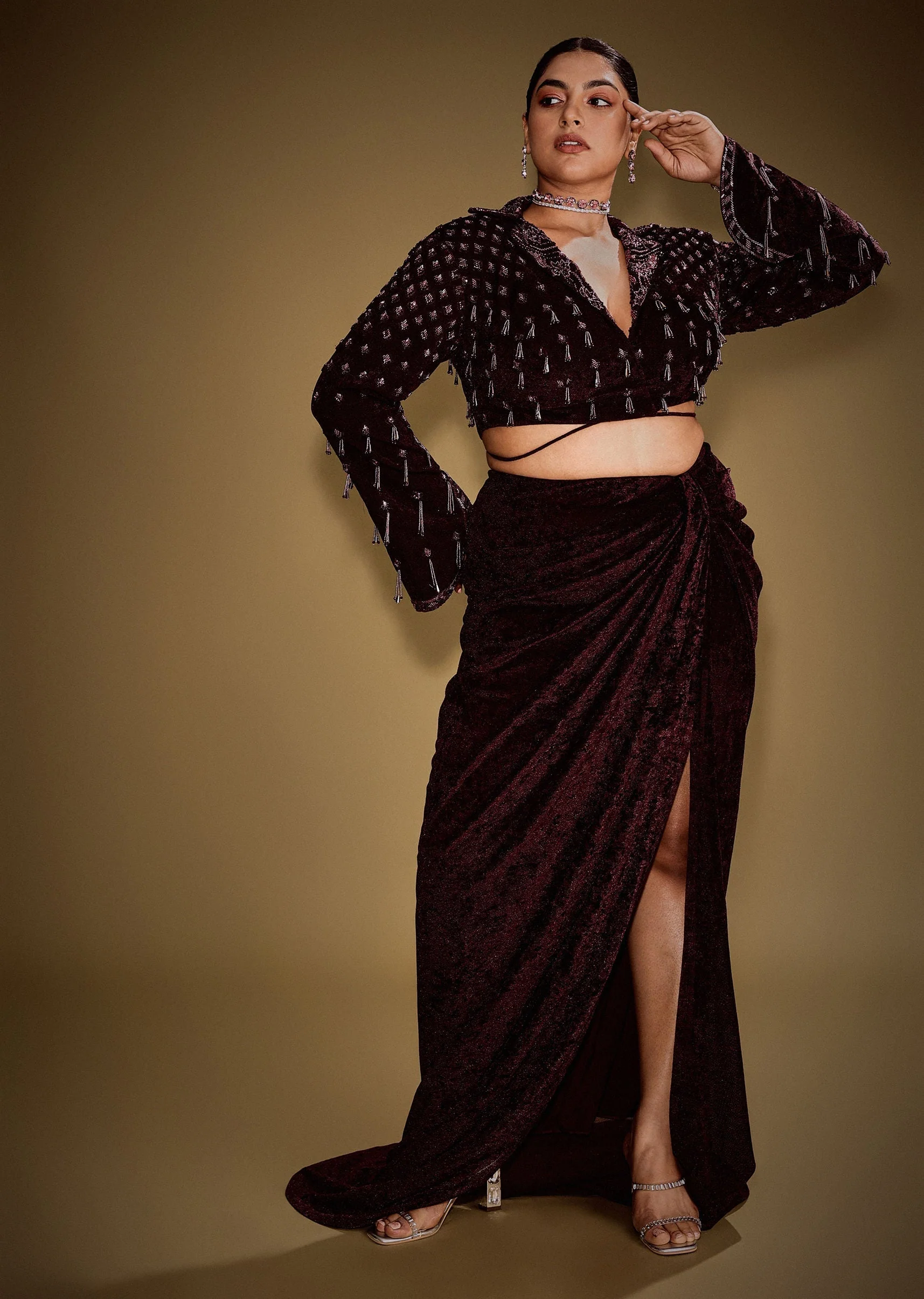 Embroidered Wine Velvet Blazer Blouse With Tassels And Draped Skirt - Image 2