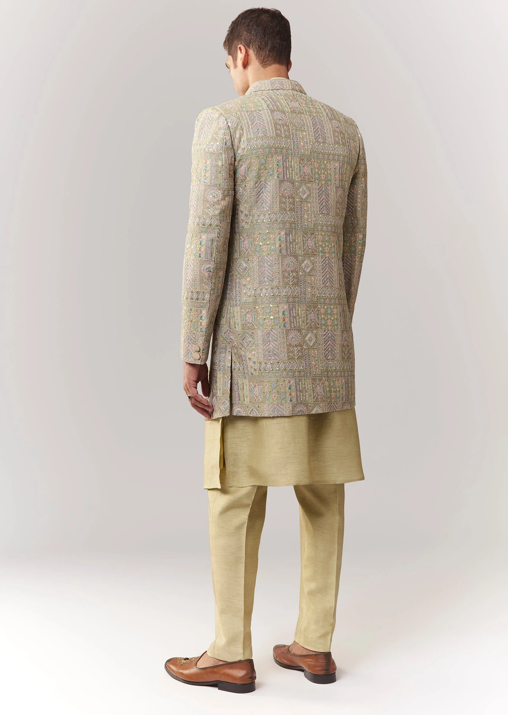 Emerald Festive Duo – Zardosi Anarkali Suit Set For Her And Silk Indo Western For Him - Image 10