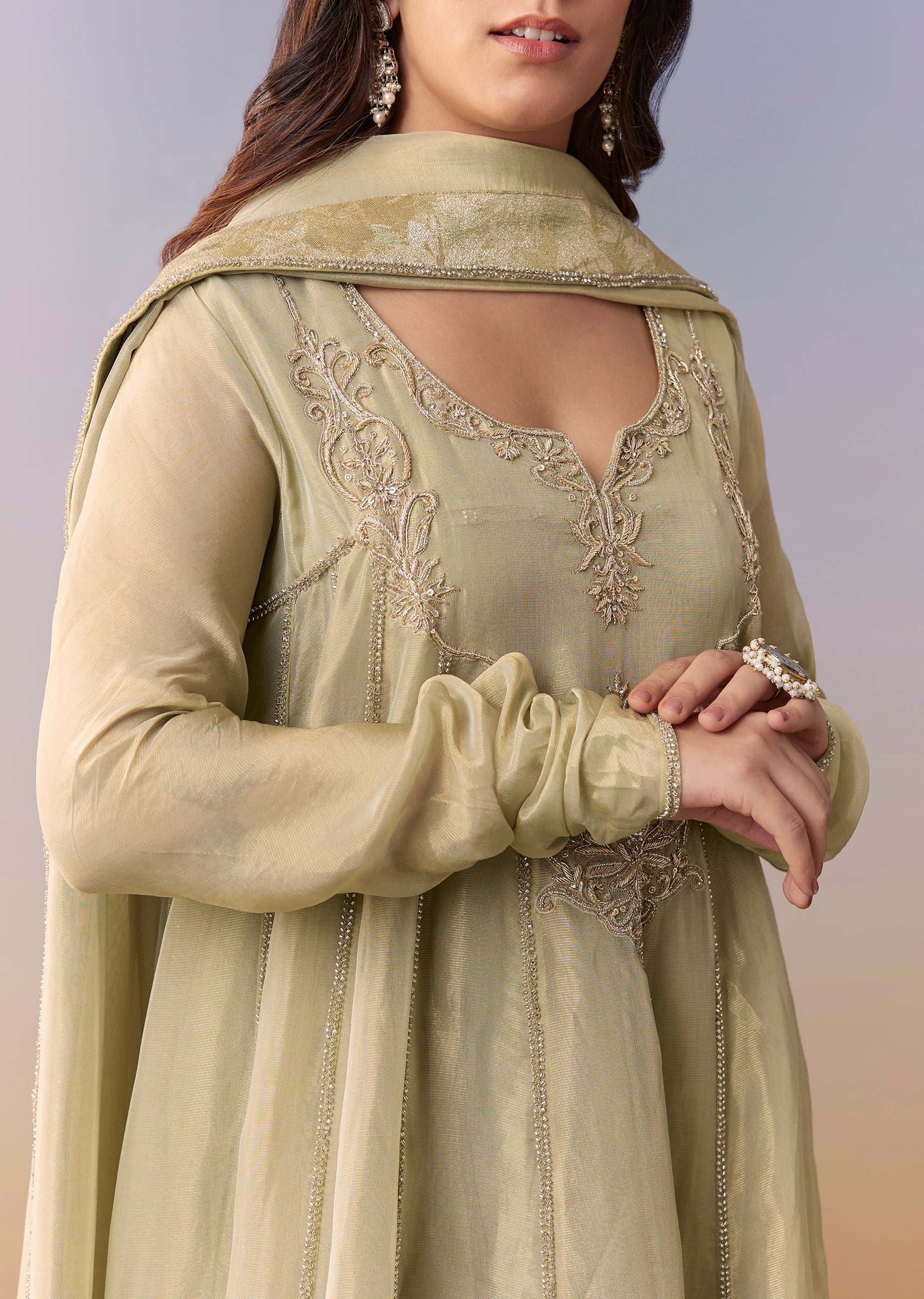 Emerald Festive Duo – Zardosi Anarkali Suit Set For Her And Silk Indo Western For Him - Image 2