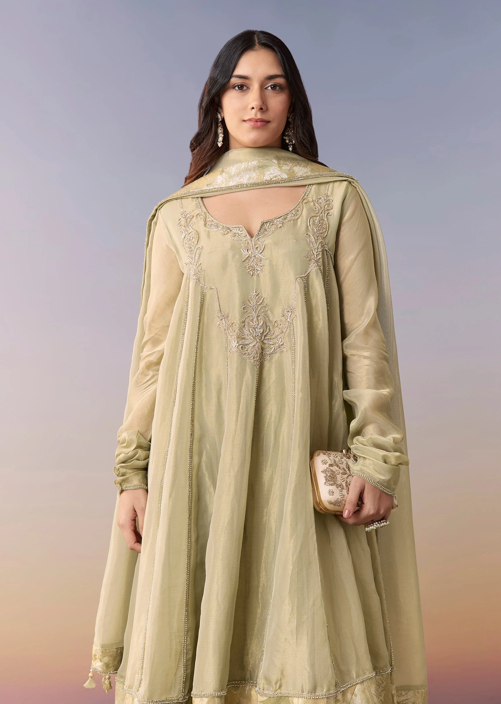 Emerald Festive Duo – Zardosi Anarkali Suit Set For Her And Silk Indo Western For Him - Image 3