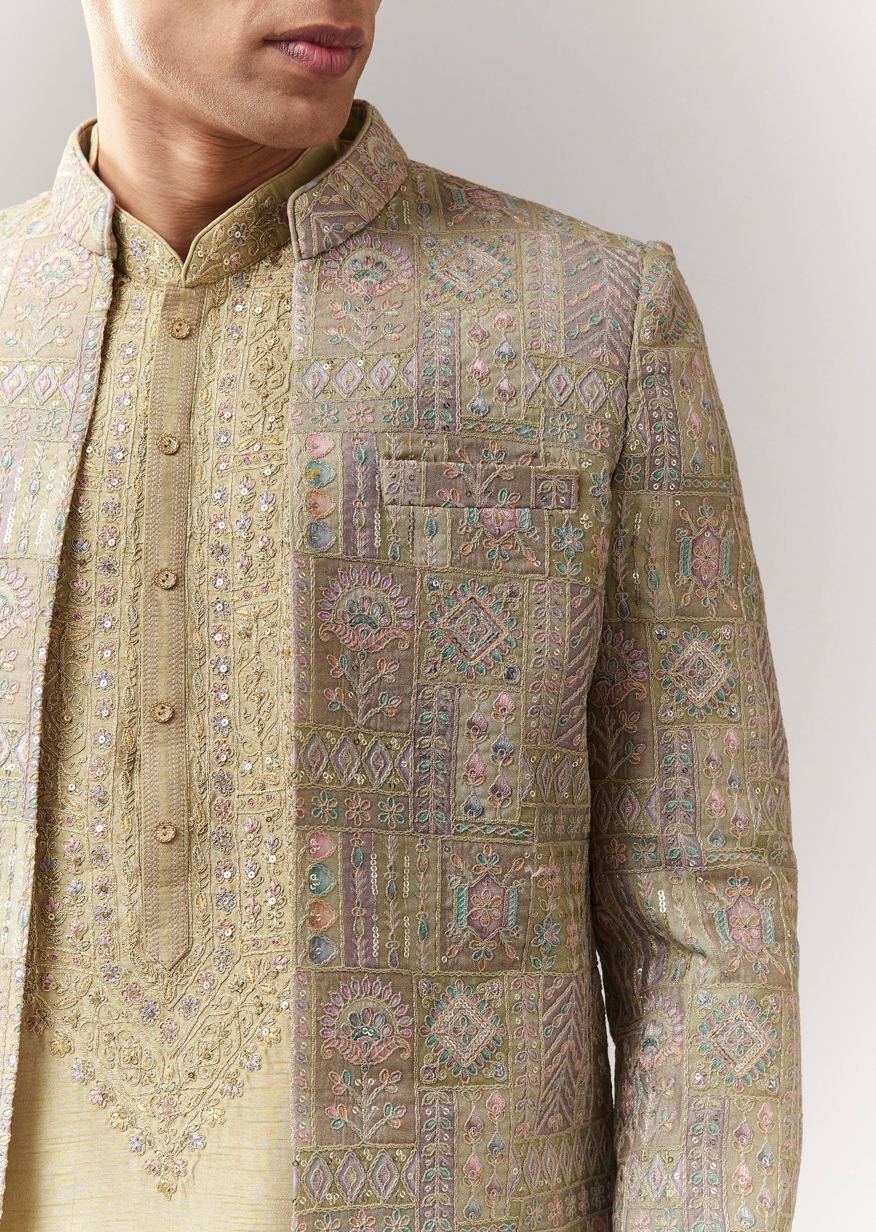 Emerald Festive Duo – Zardosi Anarkali Suit Set For Her And Silk Indo Western For Him - Image 7