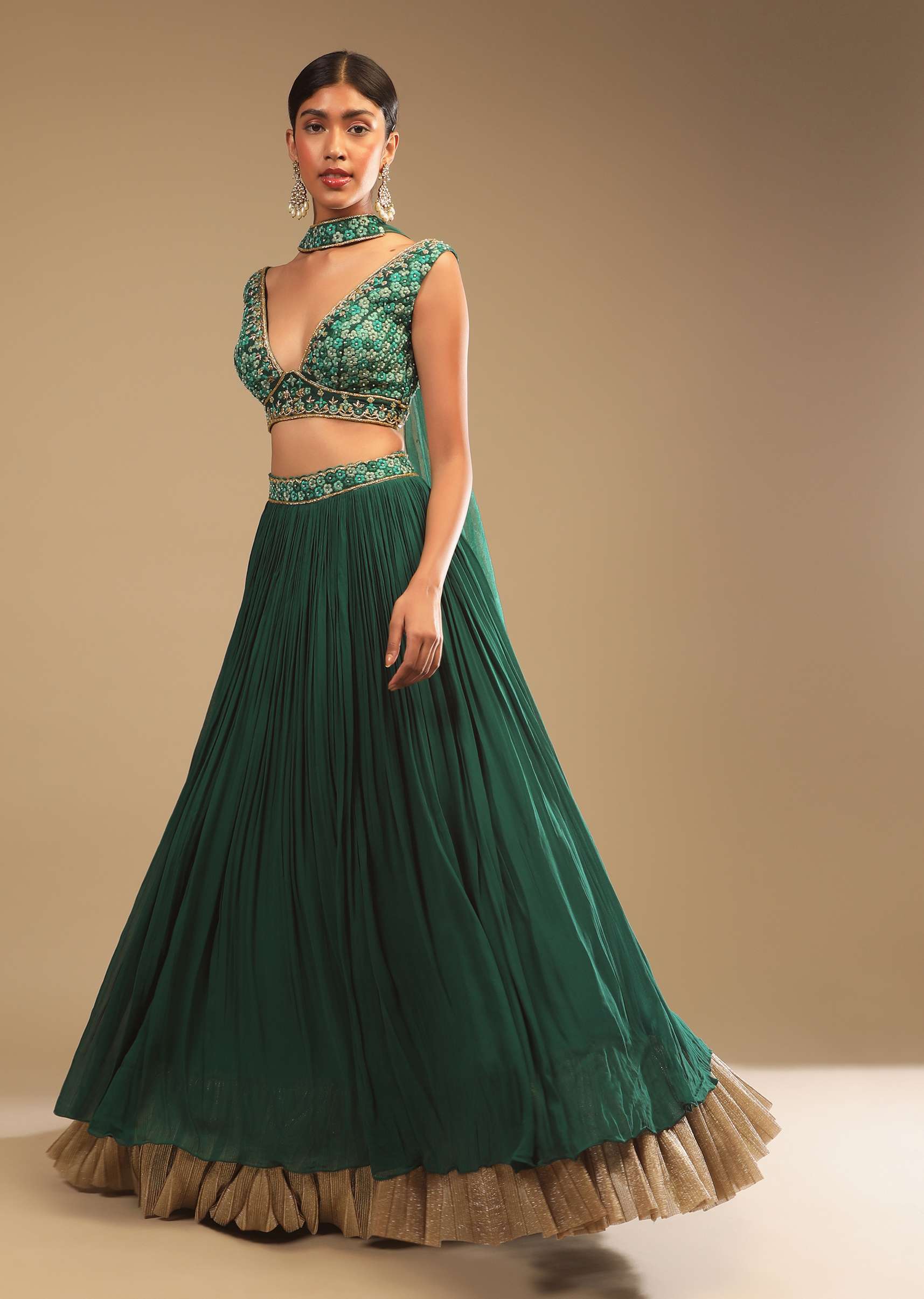 Emerald Green Lehenga In Georgette With A Plunging Neck Crop Top Featuring Floral Hand Work And Choker Dupatta - Image 3