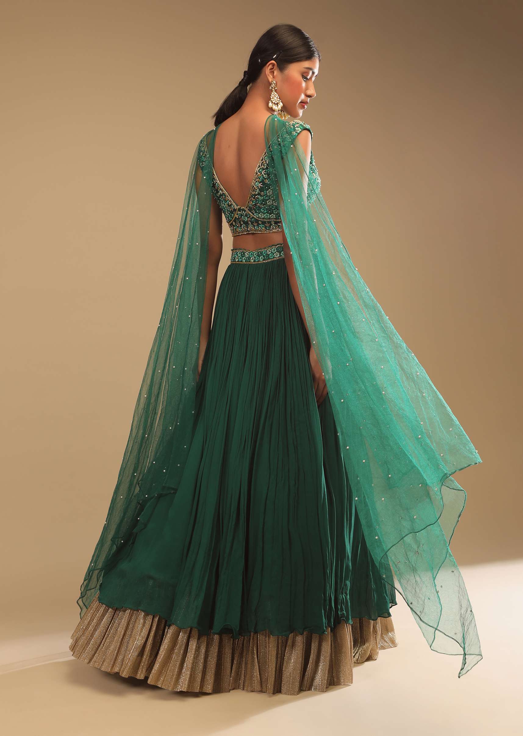 Emerald Green Lehenga In Georgette With A Plunging Neck Crop Top Featuring Floral Hand Work And Choker Dupatta - Image 4