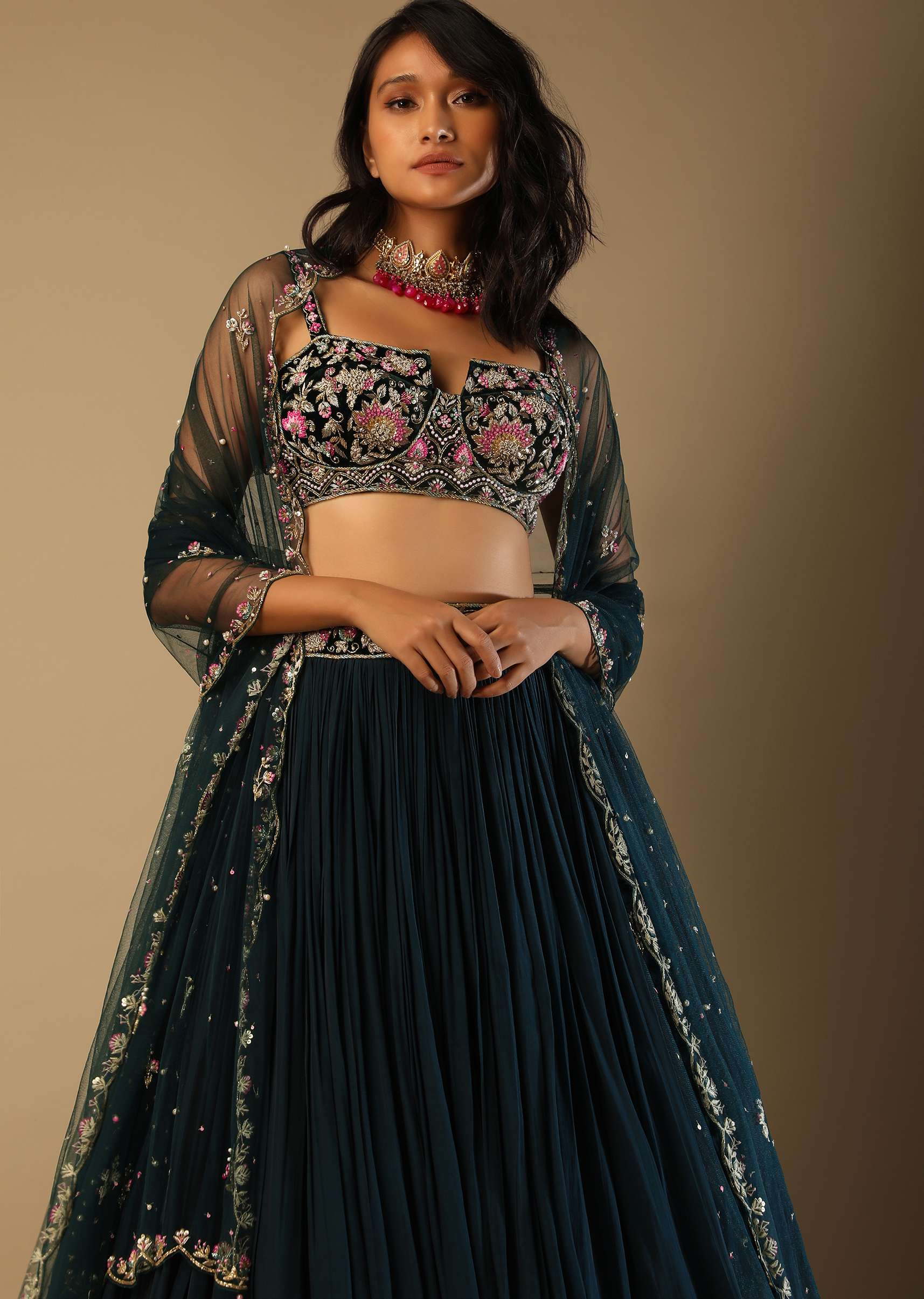 Emerald Green Lehenga With Hand Embroidered Choli Using Multi Colored Floral Motifs - Image 3
