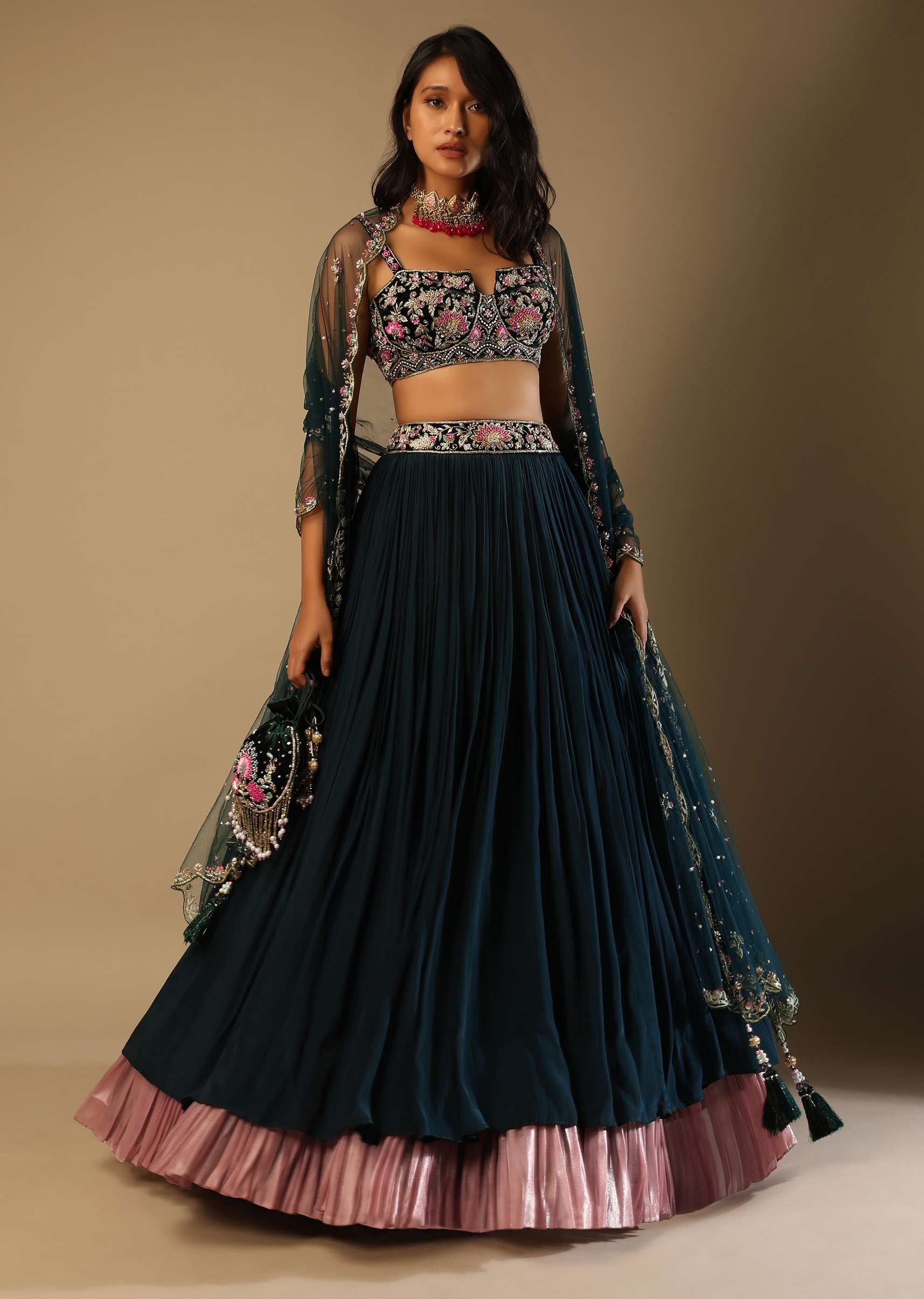 Emerald Green Lehenga With Hand Embroidered Choli Using Multi Colored Floral Motifs - Image 4
