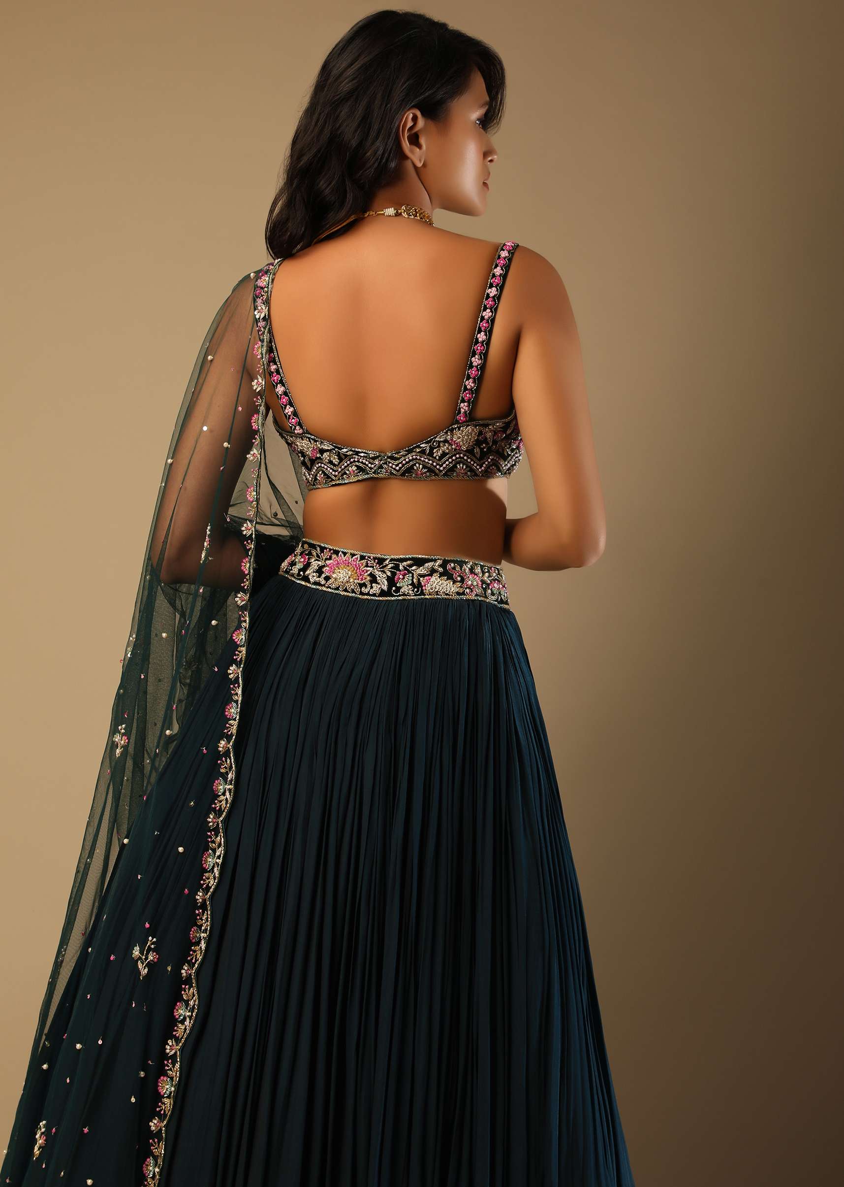 Emerald Green Lehenga With Hand Embroidered Choli Using Multi Colored Floral Motifs - Image 5