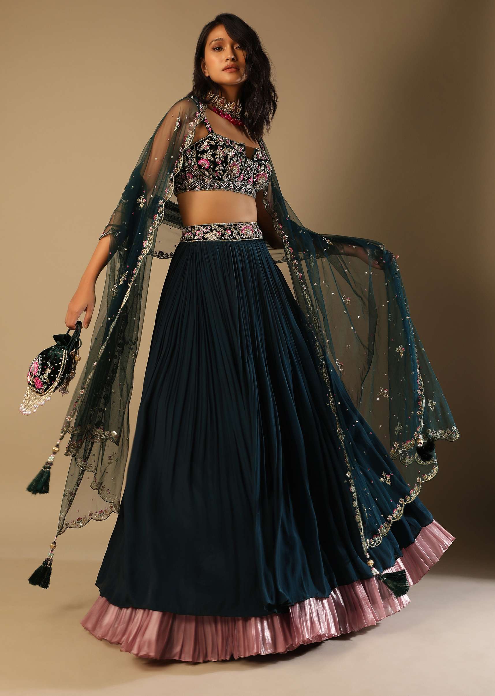 Emerald Green Lehenga With Hand Embroidered Choli Using Multi Colored Floral Motifs - Image 6