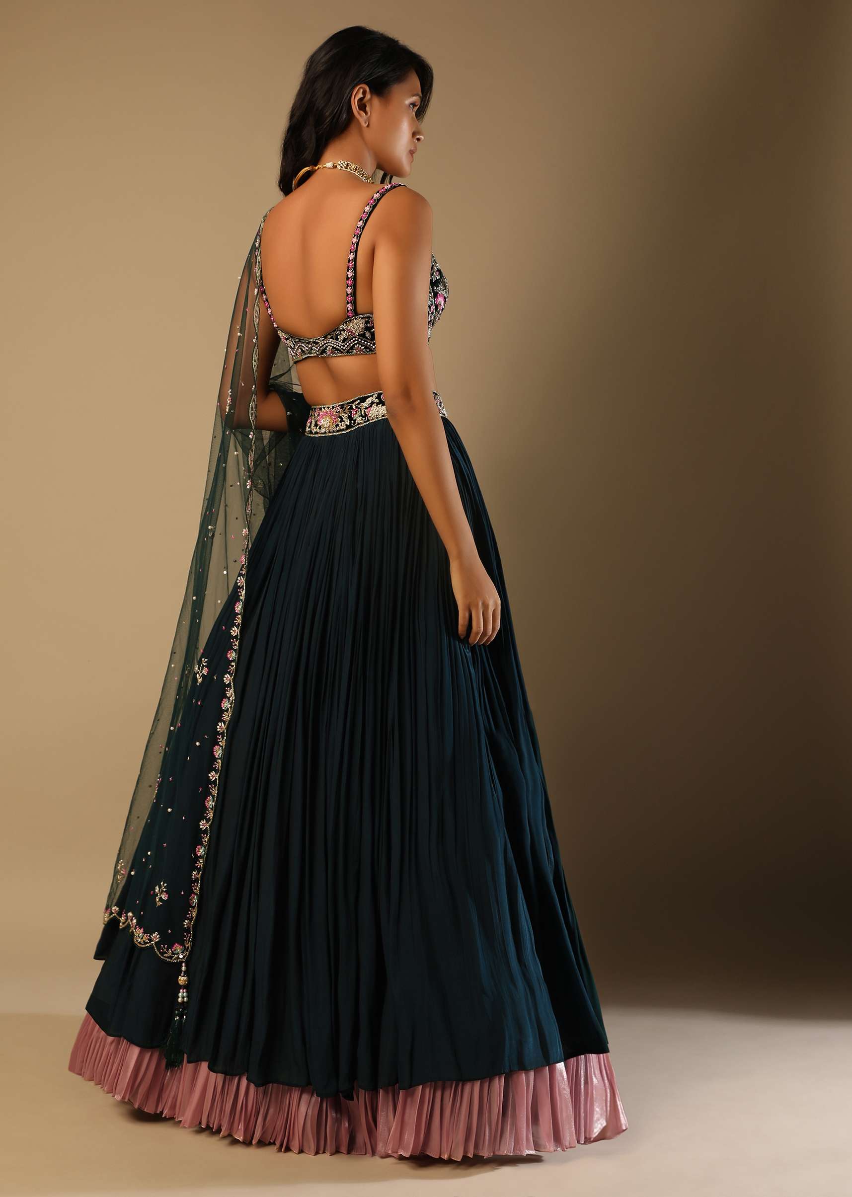 Emerald Green Lehenga With Hand Embroidered Choli Using Multi Colored Floral Motifs - Image 7