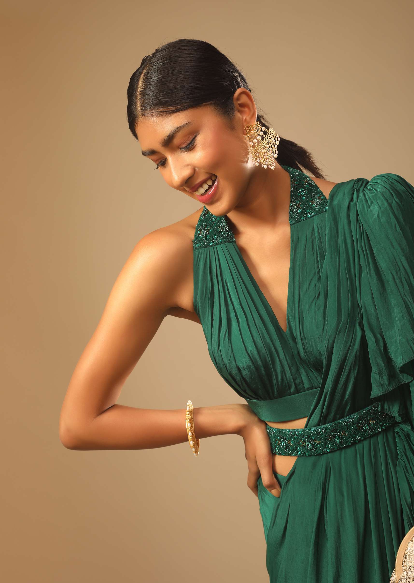 Emerald Green Ready Pleated Ruffle Saree With A Halter Neck Blouse And 3D Embroidered Belt - Image 2